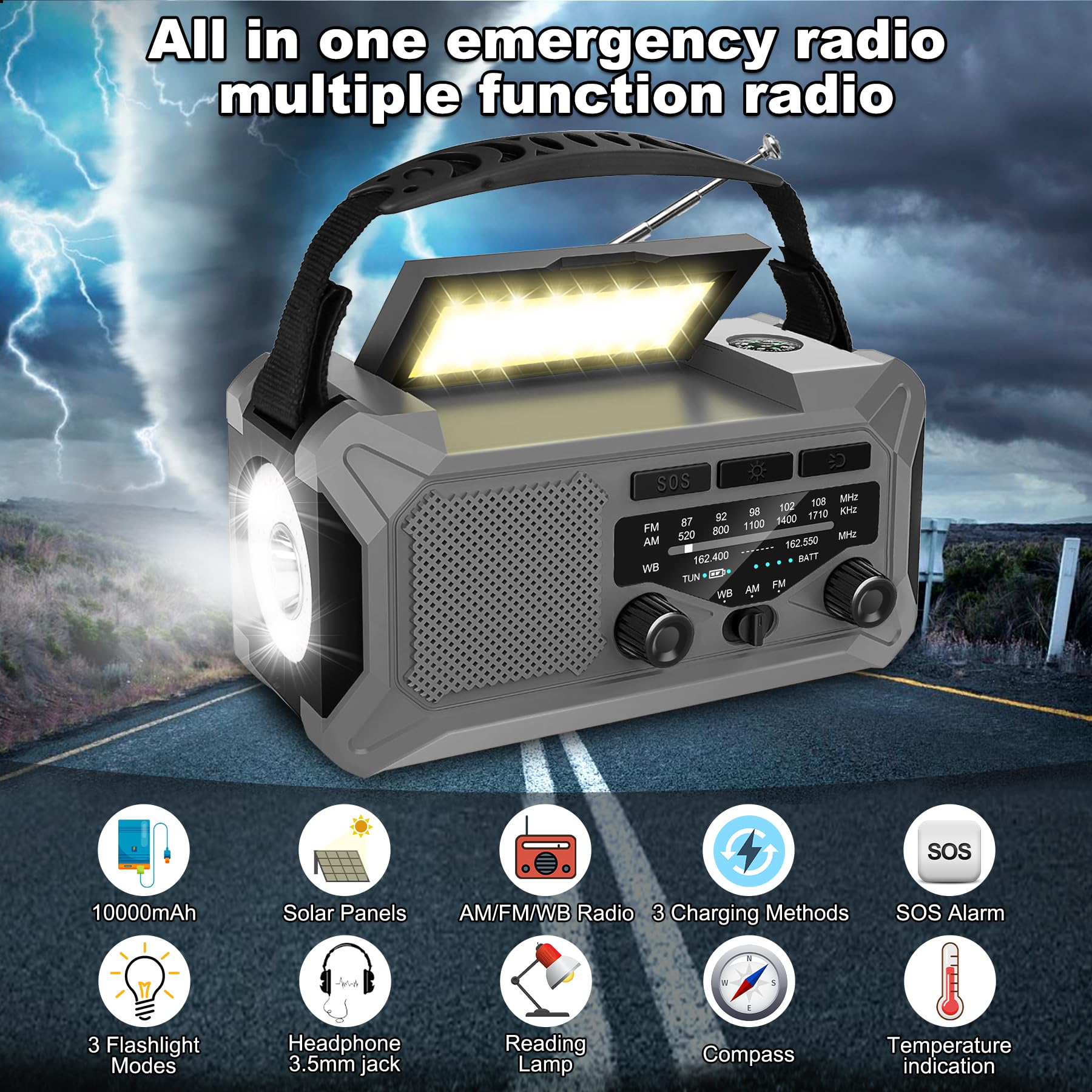 10000mAh Solar Emergency Weather Radio - Portable AM/FM/NOAA Radio with Hand Crank, LED Flashlight, Reading Lamp, Compass & Phone Charger - Perfect for Outdoor Camping, Hiking & Emergency Preparedness (Grey)