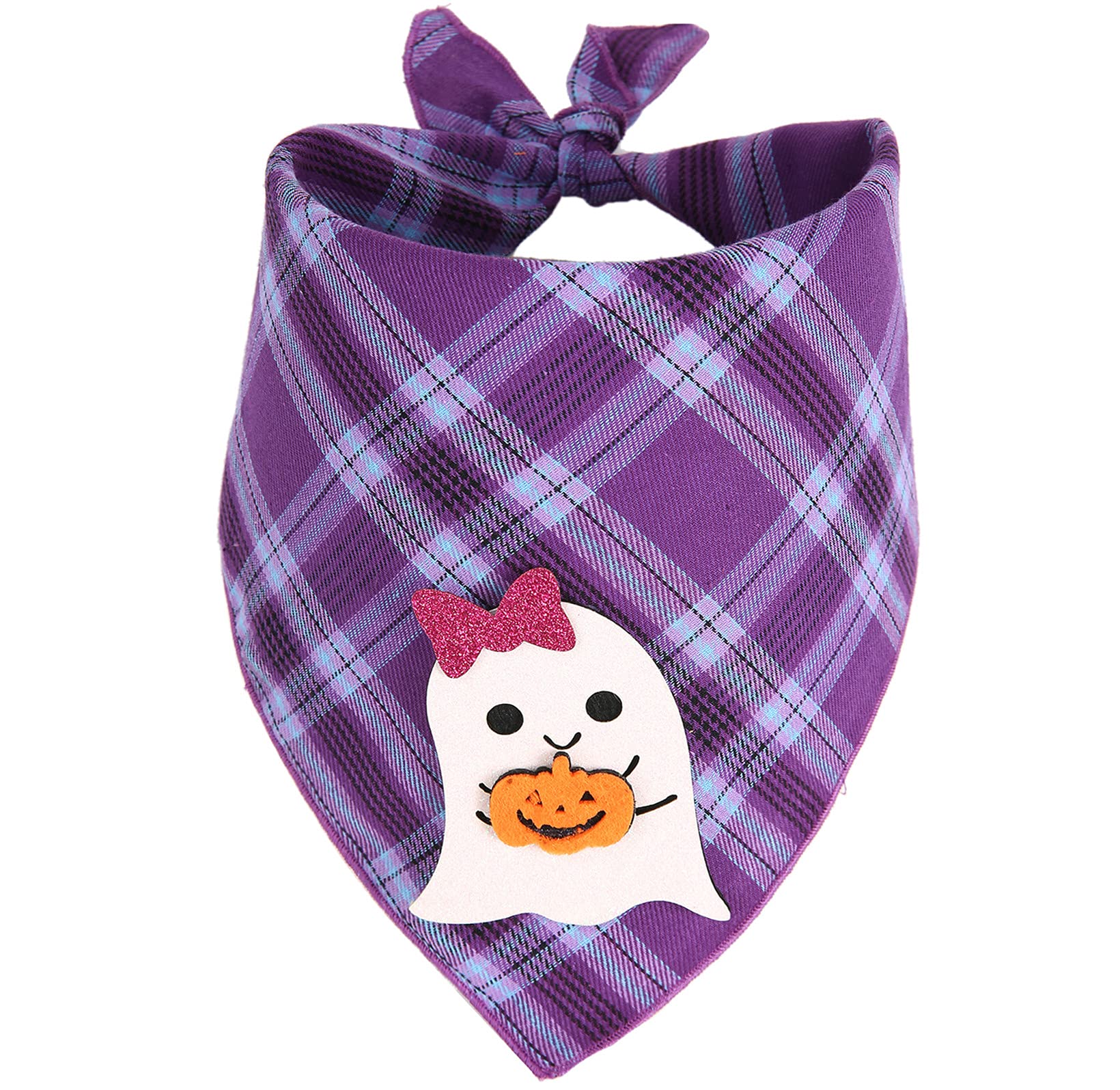 Halloween Dog Bandana with Ghost Appliques - Purple Plaid Pet Scarf for Small, Medium & Large Dogs - Perfect for Costume Parties, Trick-or-Treating & Spooky Photo Shoots
