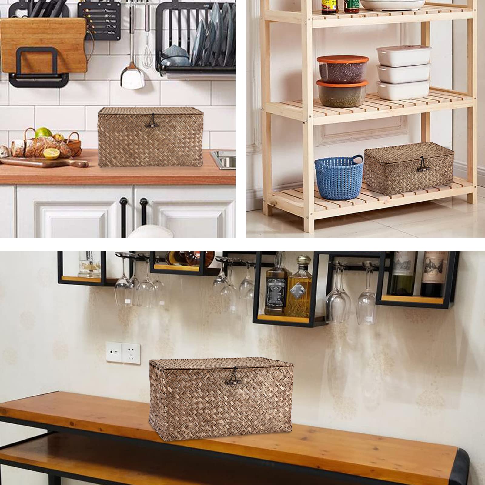 Hipiwe Wicker Storage Baskets with Lids - Handwoven Seagrass Rectangular Bins for Home Organization | Shelf, Wardrobe & Coffee Bar Storage | Large Household Storage Boxes for Bedroom, Bathroom & Living Room Decor