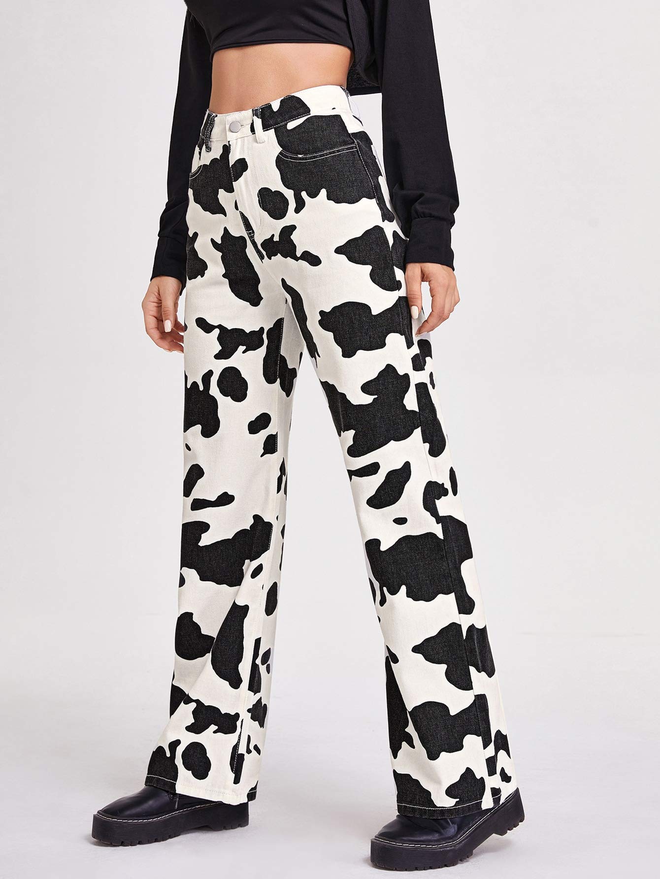 WDIRARA Women's High Waist Cow Print Wide Leg Jeans - Stretchy Denim Pants with Comfortable Fit in Black & White, Size XXS | Perfect for Casual Outfits, Streetwear & Boho Fashion