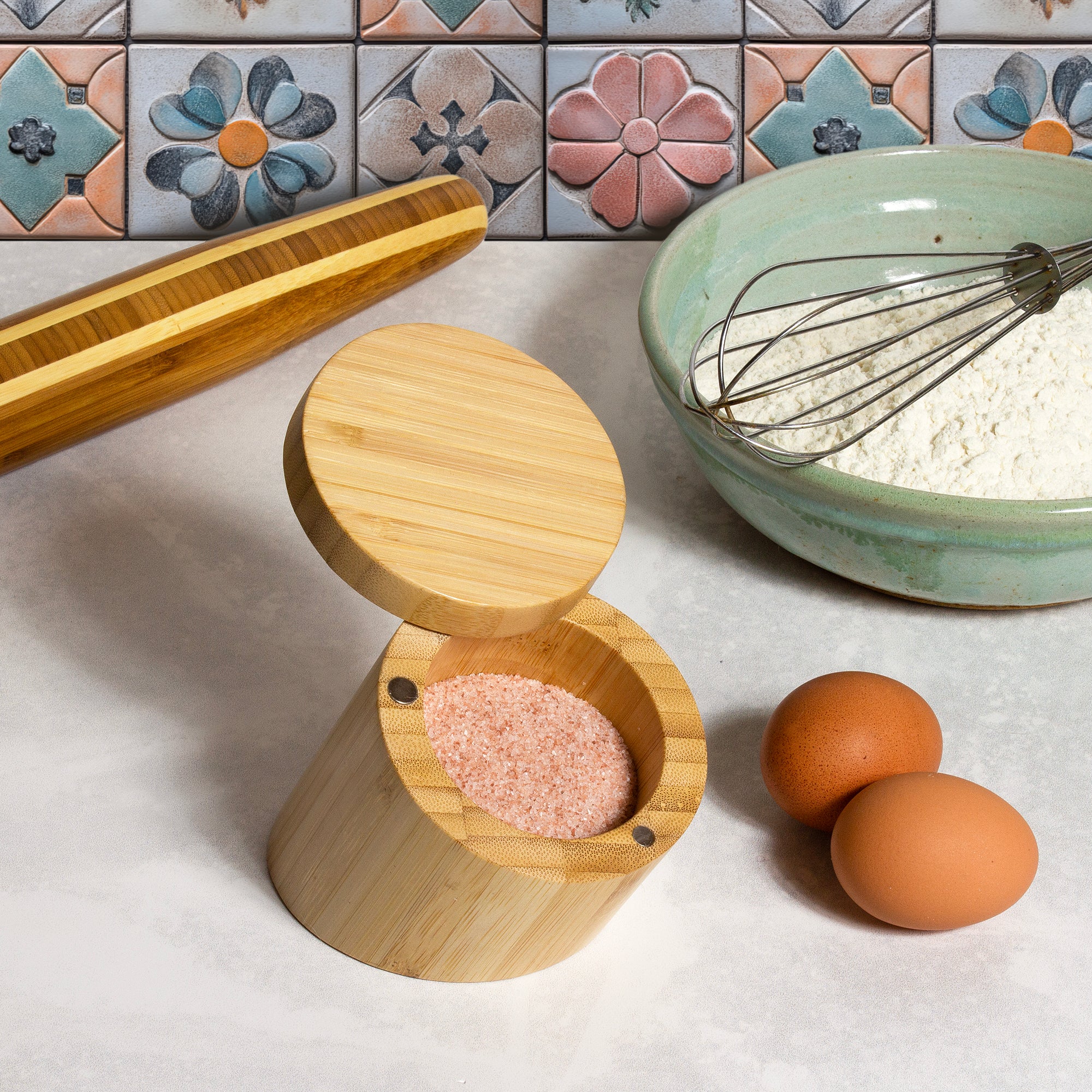 Premium Angled Salt Cellar with Lid - Ceramic Spice Jar for Kitchen Countertop - Perfect for Cooking, Baking & Tabletop Seasoning Display