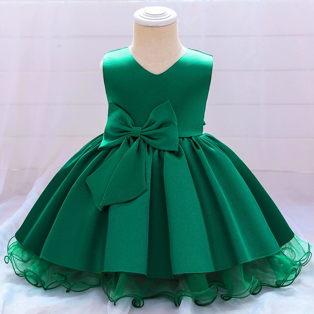 Green Princess Round Tea Length Satin Flower Girl Dress for Weddings & Special Occasions