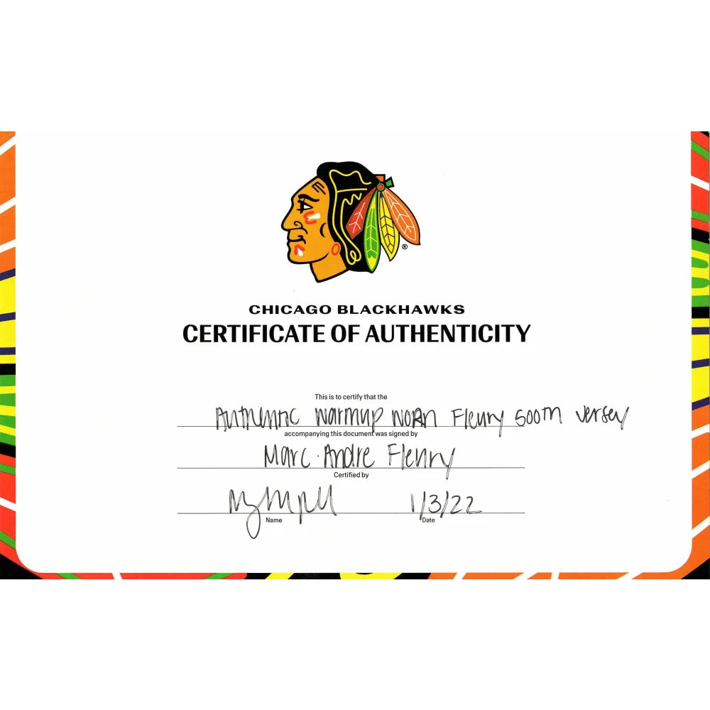 Authentic Marc Andre Fleury Game-Worn 500 Career Wins Chicago Blackhawks Jersey - Photomatched & Team COA Signed - Perfect for Hockey Memorabilia Collectors and NHL Fans Display
