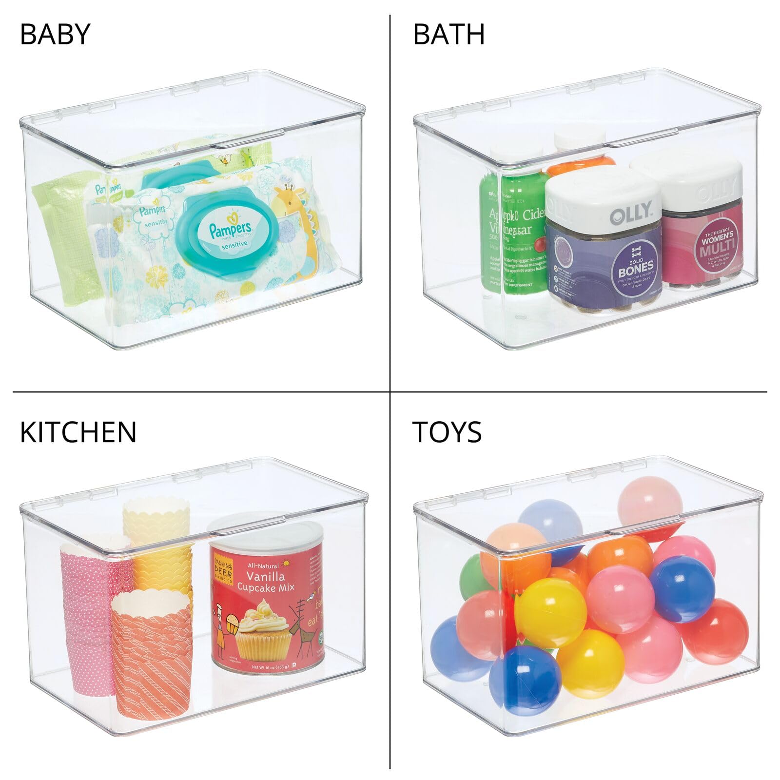 mDesign Clear Plastic Bathroom Storage Box with Hinged Lid - Stackable Organizer for Soap, Shampoo, Lotion, Towels & Hair Accessories - 4 Pack - Perfect for Shower, Vanity & Closet Organization (Lumiere Collection)