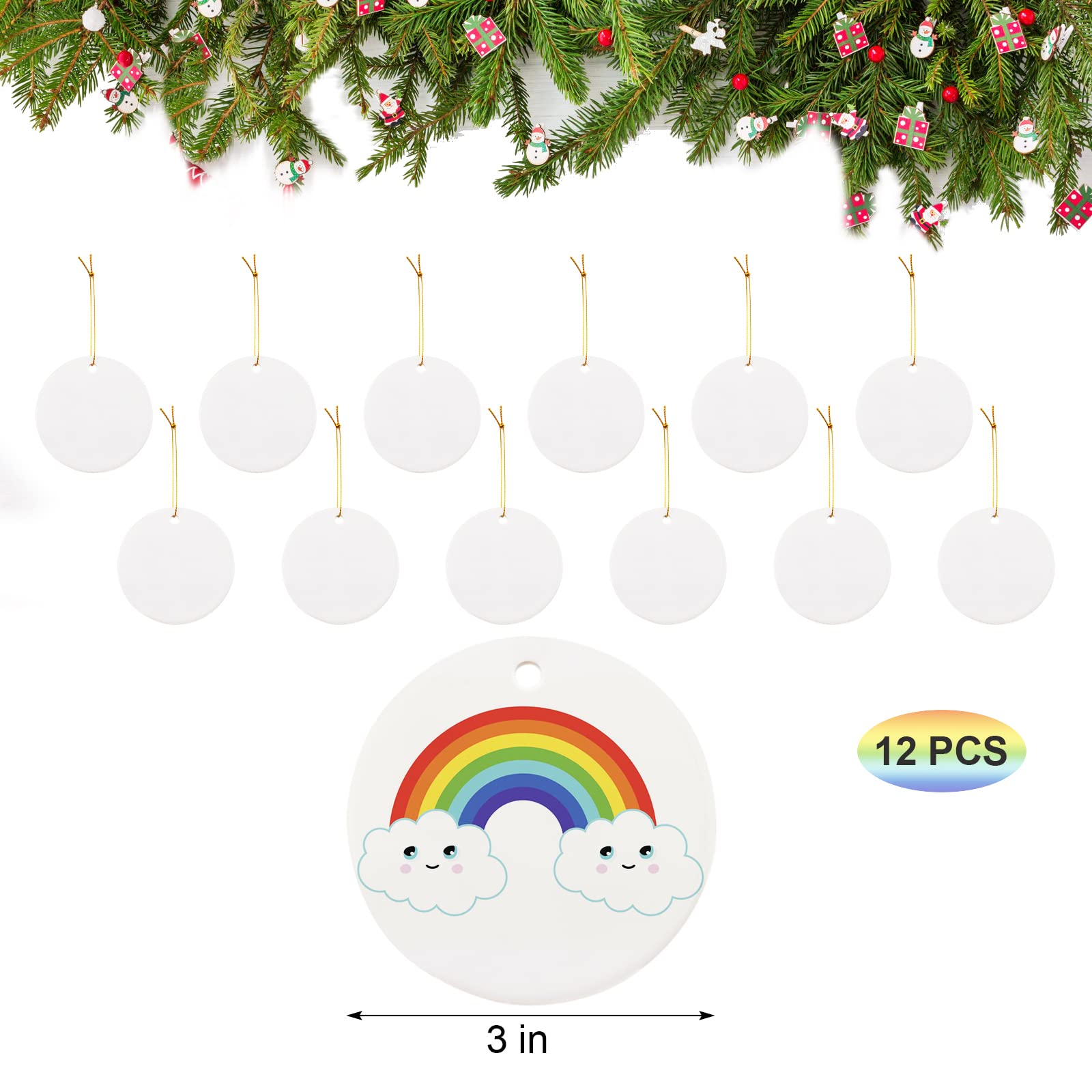 12-Piece WANDIC White Round Ceramic Ornaments - Sublimation Ready Christmas Decor with Gold Rope for Tree, Gift Wrapping & Holiday Home Decoration
