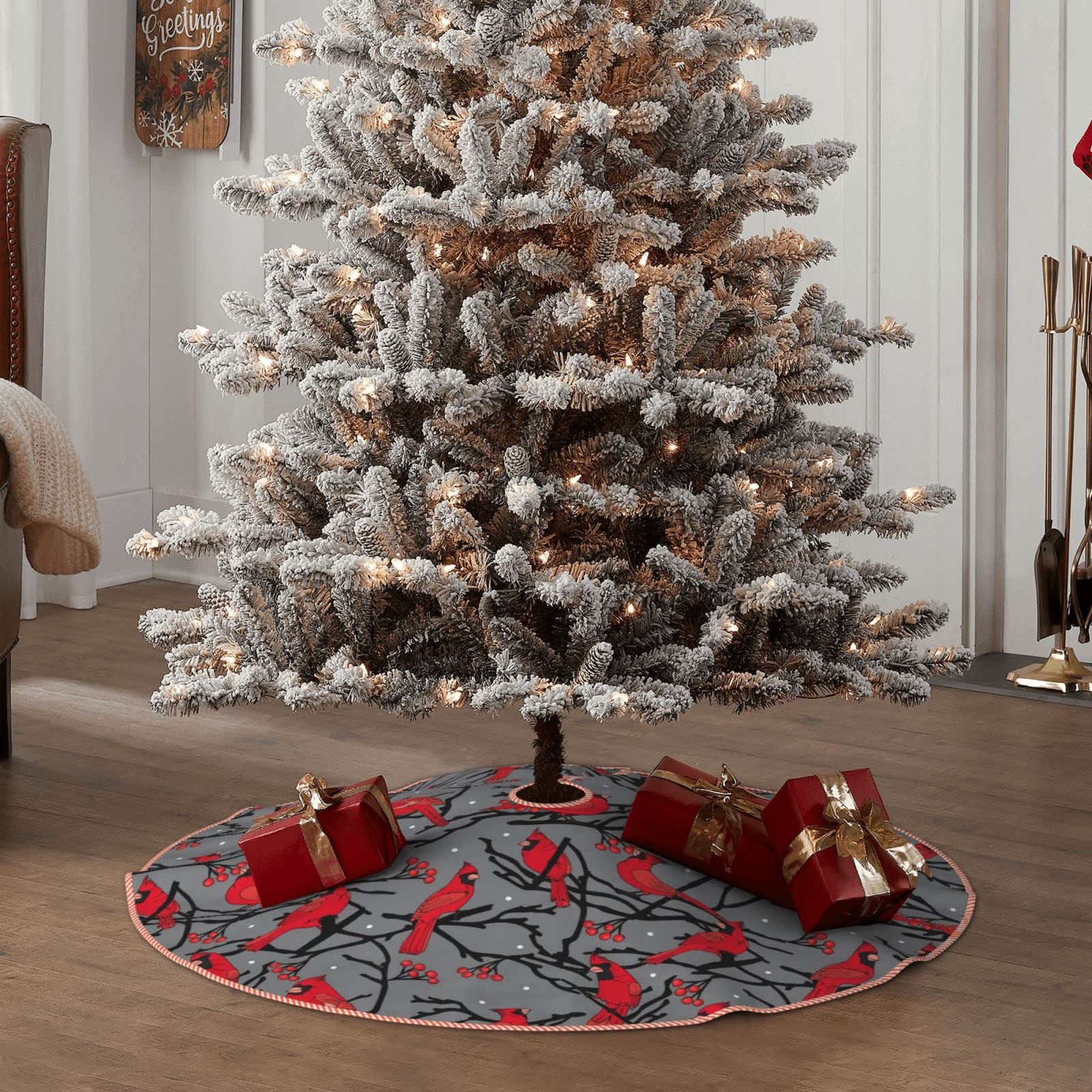 30 Inch Christmas Tree Skirt with Red Cardinals & Berries - Rustic Farmhouse Winter Scene Holiday Decor for Indoor/Outdoor Xmas Party Decoration