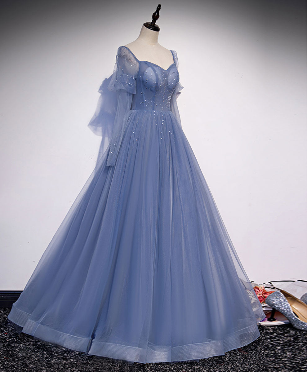 Elegant A-Line Blue Long Prom Dress with Beading - Formal Graduation Gown for Women - Perfect for Homecoming, Prom Night & Special Occasions