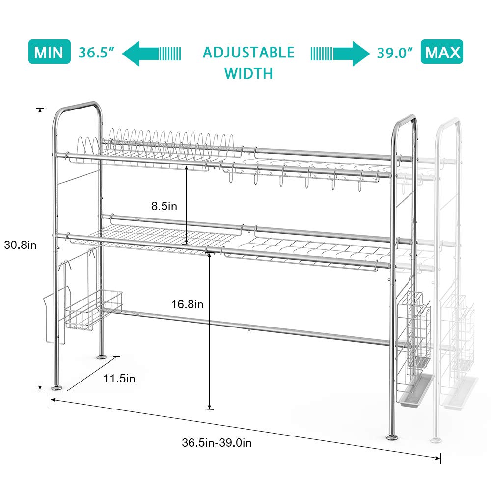Premium 2-Tier Over The Sink Dish Drying Rack - 304 Stainless Steel Kitchen Counter Shelf with Utensil Holder Hooks (Silver) | Space-Saving Kitchen Organizer for Dishes, Cups & Cooking Tools | Perfect for Small Apartments & Compact Kitchens