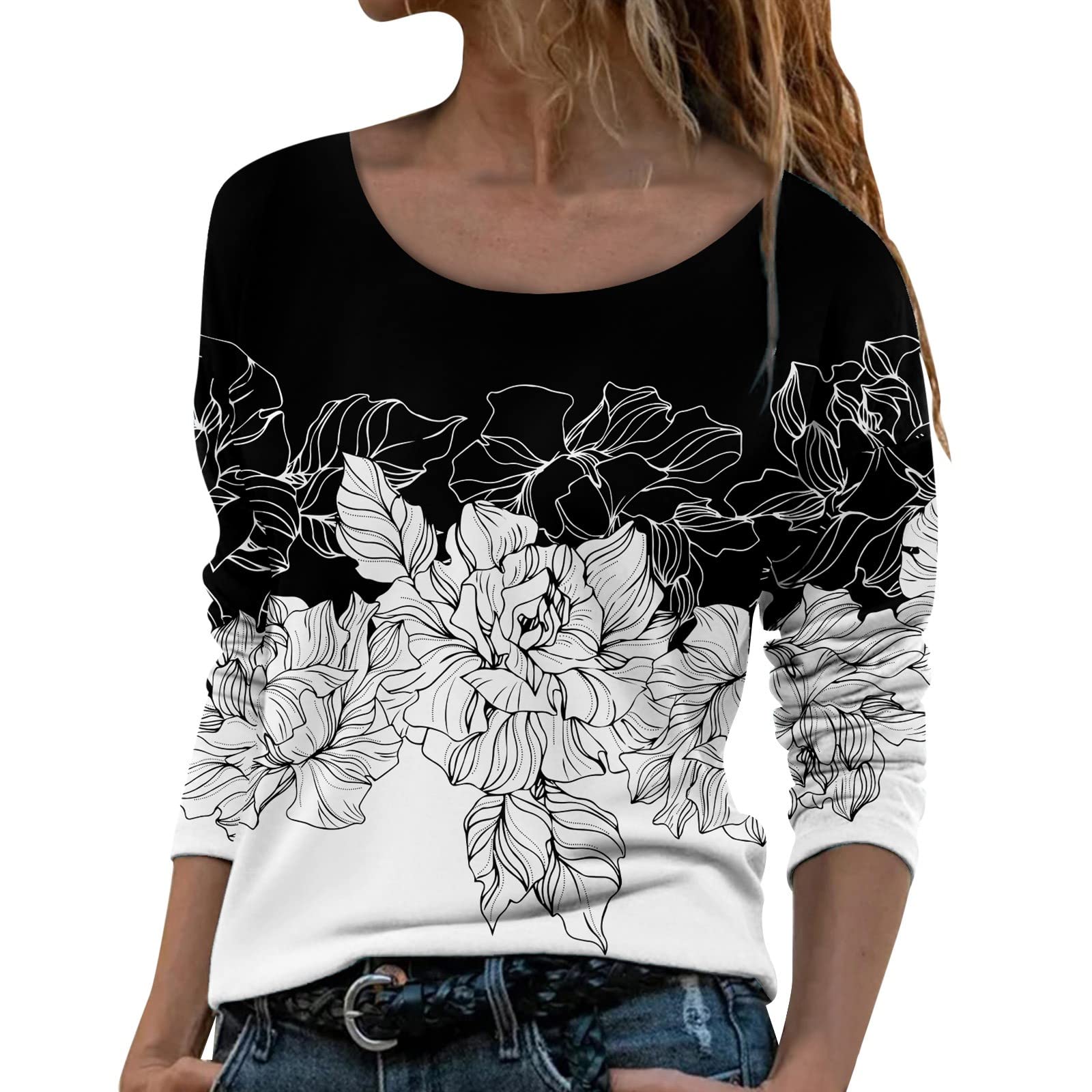 Women's Floral Graphic Long Sleeve T-Shirt - Fall Fashion 2022 Trendy O-Neck Blouse for Casual Wear & Plus Size Ladies | Perfect for Autumn Outfits, Office Wear & Weekend Outings