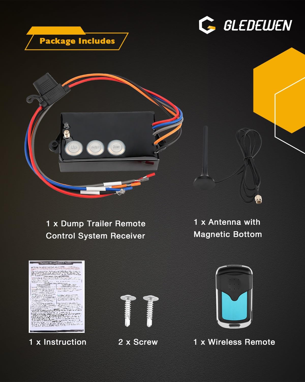 Gledewen Wireless Dump Trailer Remote Control Kit - 12V Hydraulic Lift Winch Tilt Controller with 50-100ft Range (Model G3-H01) - Perfect for Dump Trailers, Construction Equipment, and Heavy-Duty Towing Applications