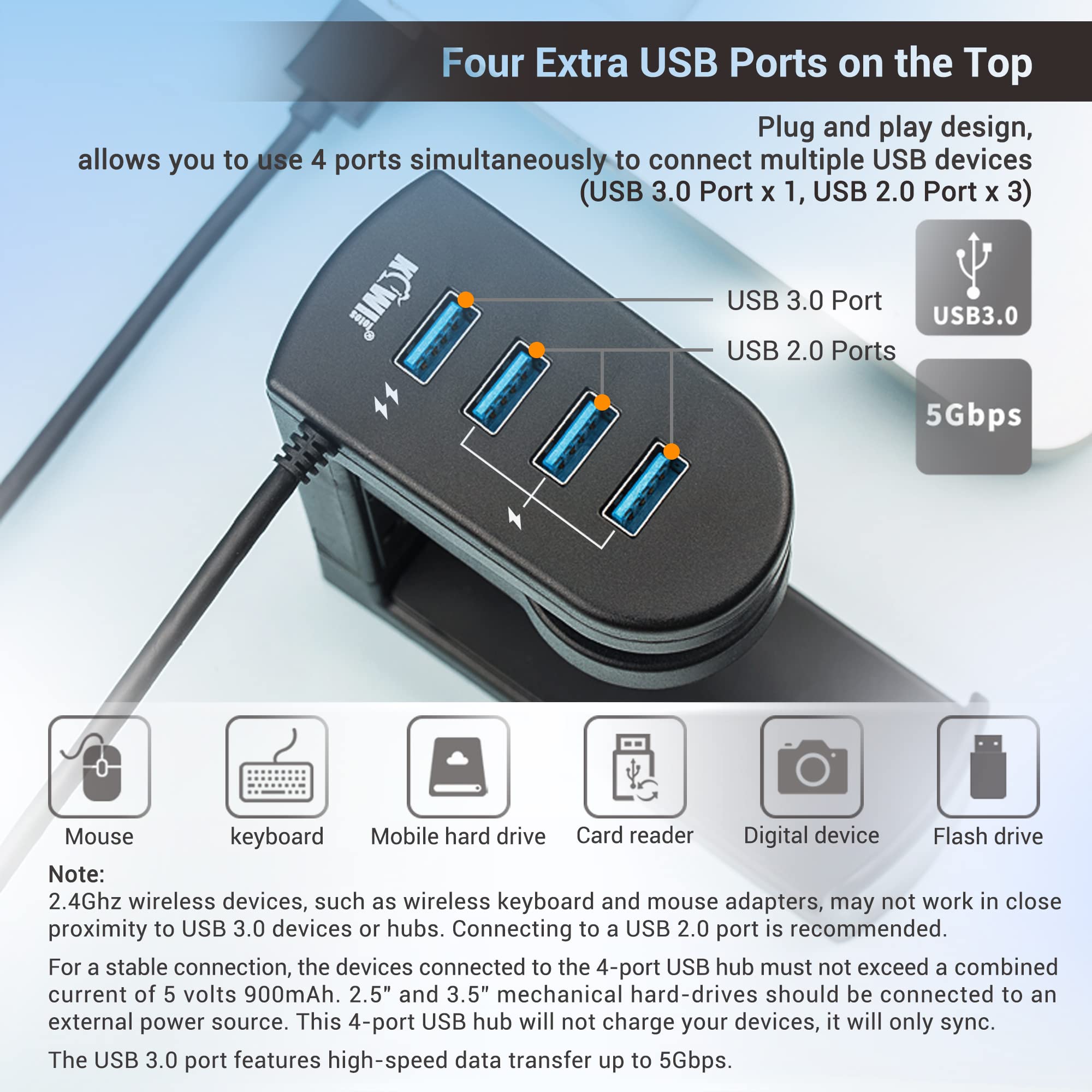 Kiorafoto 2-in-1 Under Desk Headphone Hook & 4-Port USB 3.0 Hub - 360° Rotating Gaming Headset Stand with High-Speed Data Transfer for PC, Laptop, and Multiple Devices | Perfect for Home Office, Gaming Setup, and Workspace Organization