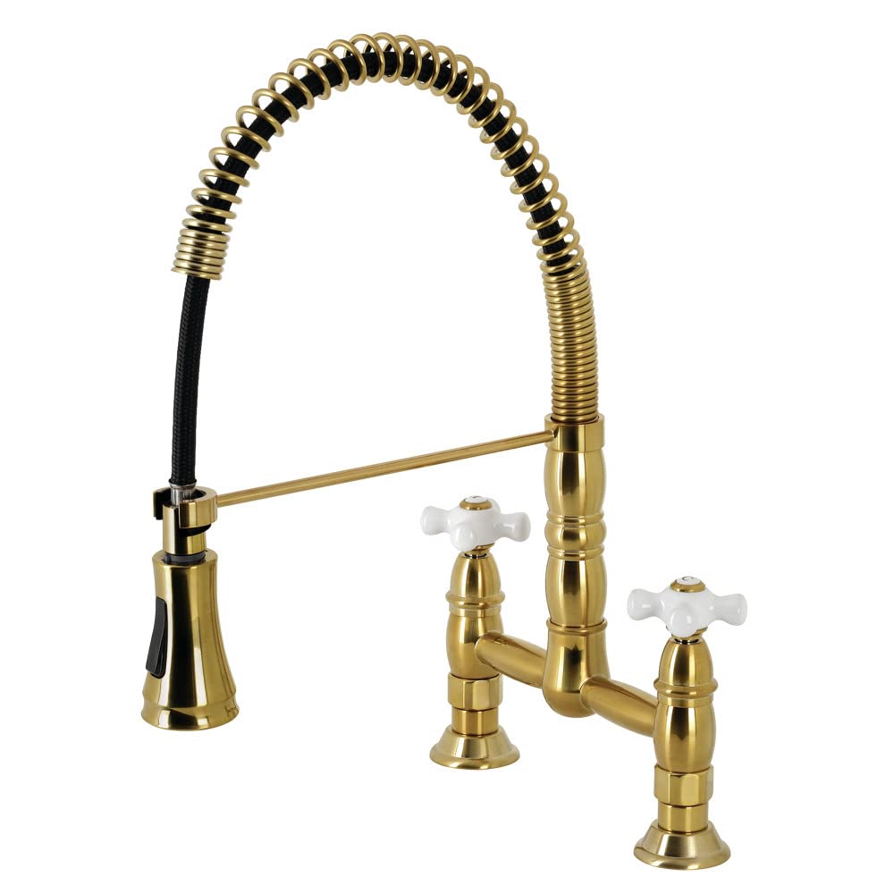 Kingston Brass GS1277PX Heritage 2-Handle Deck-Mount Pull-Down Sprayer Kitchen Faucet in Brushed Brass - 10.56