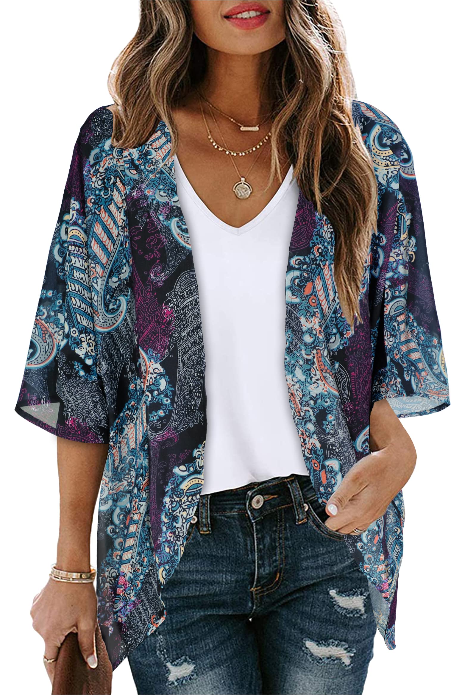 Floral Print Kimono Cardigan for Women - Lightweight Loose Cover Up with Puff Sleeves - Casual Blouse & Beachwear for Summer Outings, Vacations, and Boho Style Outfits