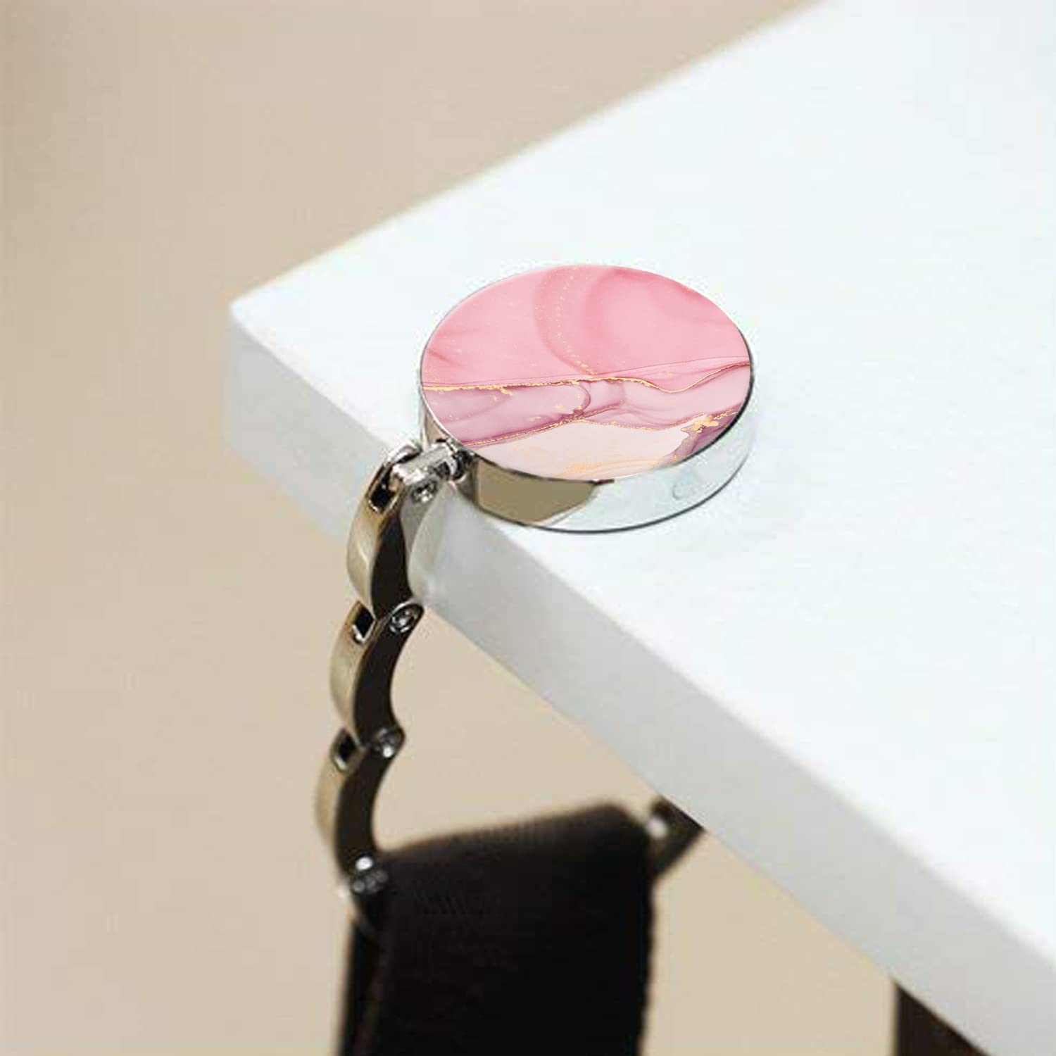 Foldable Purse Hook for Women - Pink Pretty Bag Hanger for Table & Desk - Compact & Portable Handbag Holder - Perfect for Restaurants, Travel, and Home Use (1 Pack)