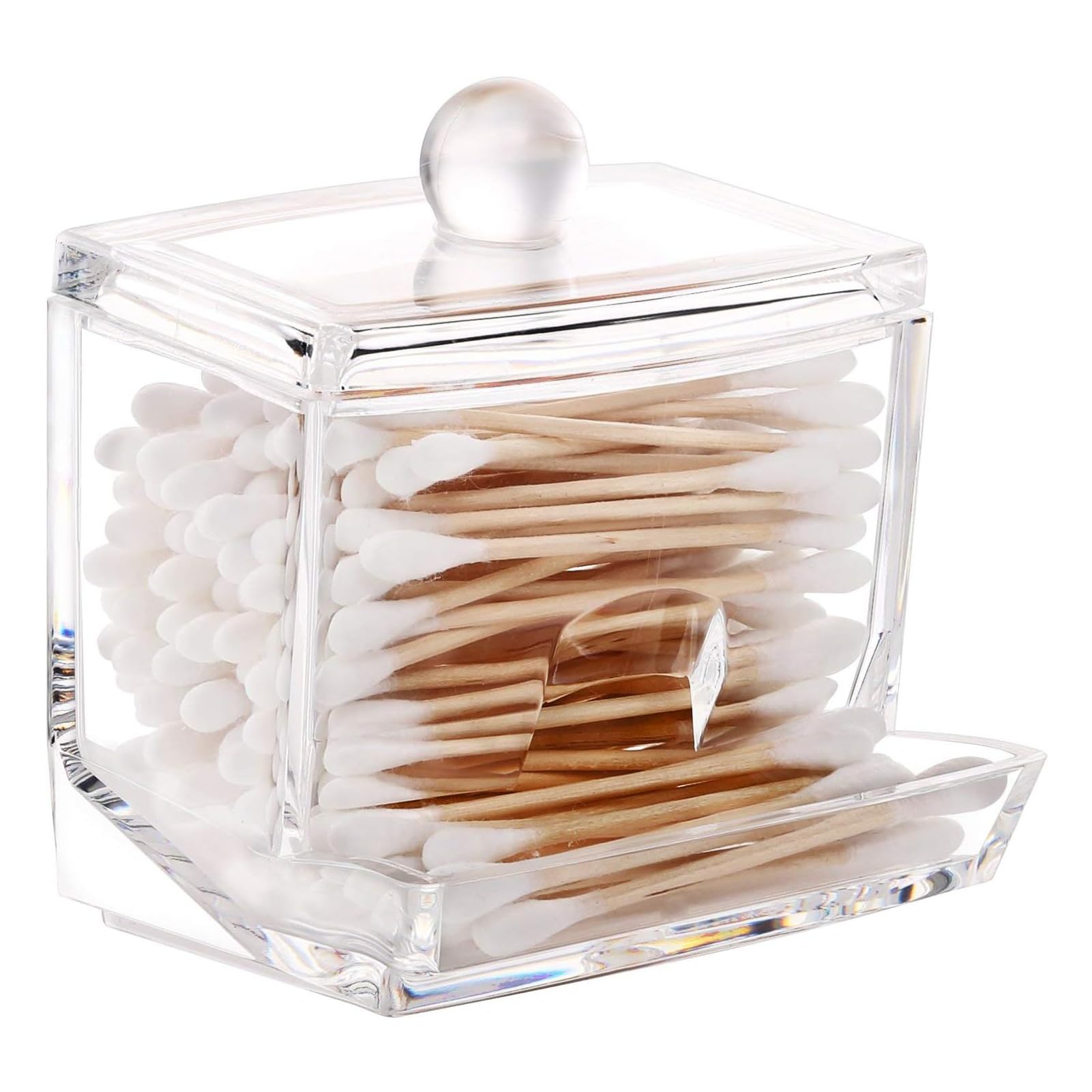 LANTRO JS Clear Acrylic Cotton Holder Organizer - Cotton Swab & Ball Dispenser with Lid for Makeup Pads, Cosmetics | Bathroom & Vanity Storage Solution
