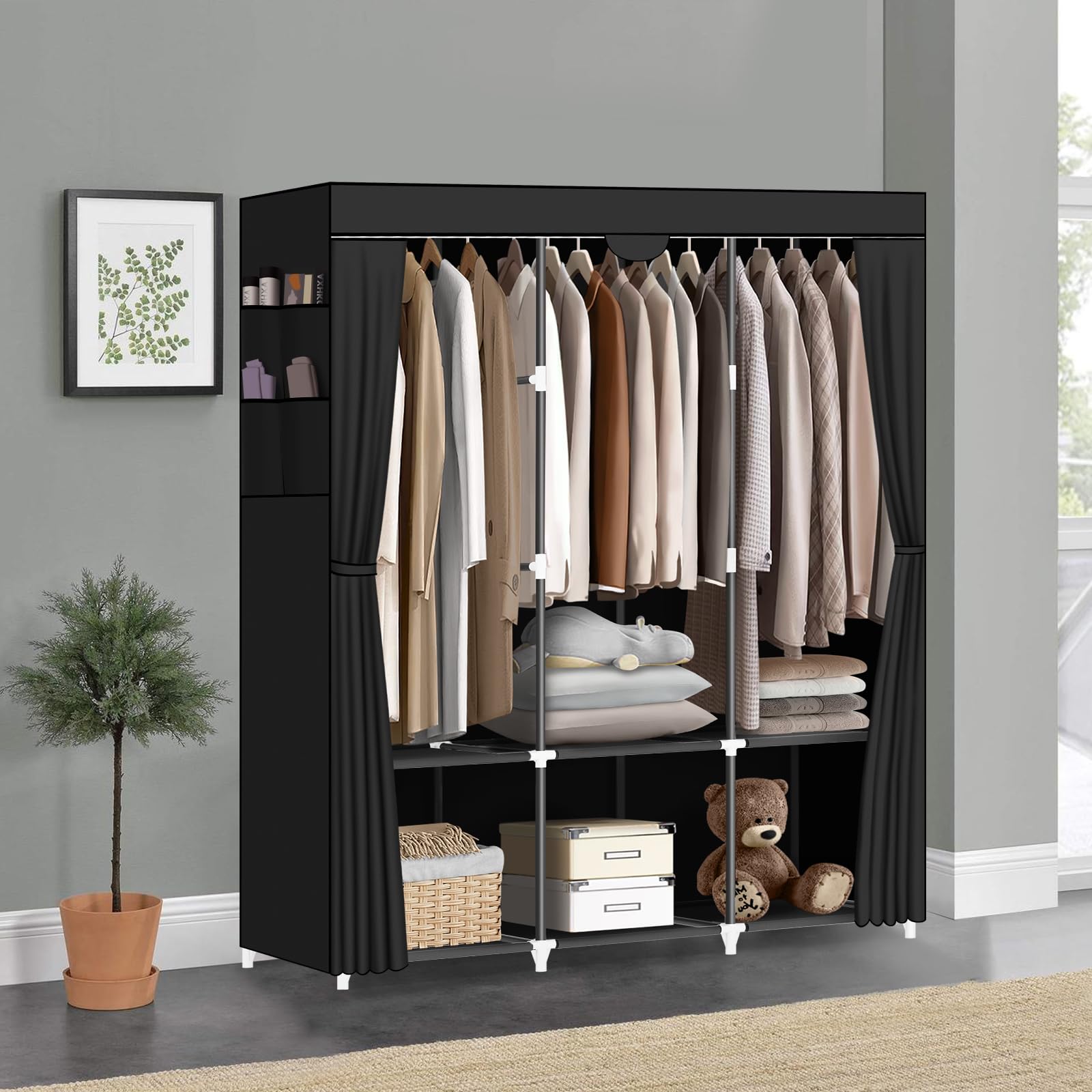 LOKEME Portable Closet Organizer - 3-Tier Hanging Rods, 6 Storage Shelves & 4 Side Pockets - Easy Assembly Black Wardrobe for Clothes Storage | Perfect for Small Spaces, Dorm Rooms, Camping & Temporary Closet Solutions