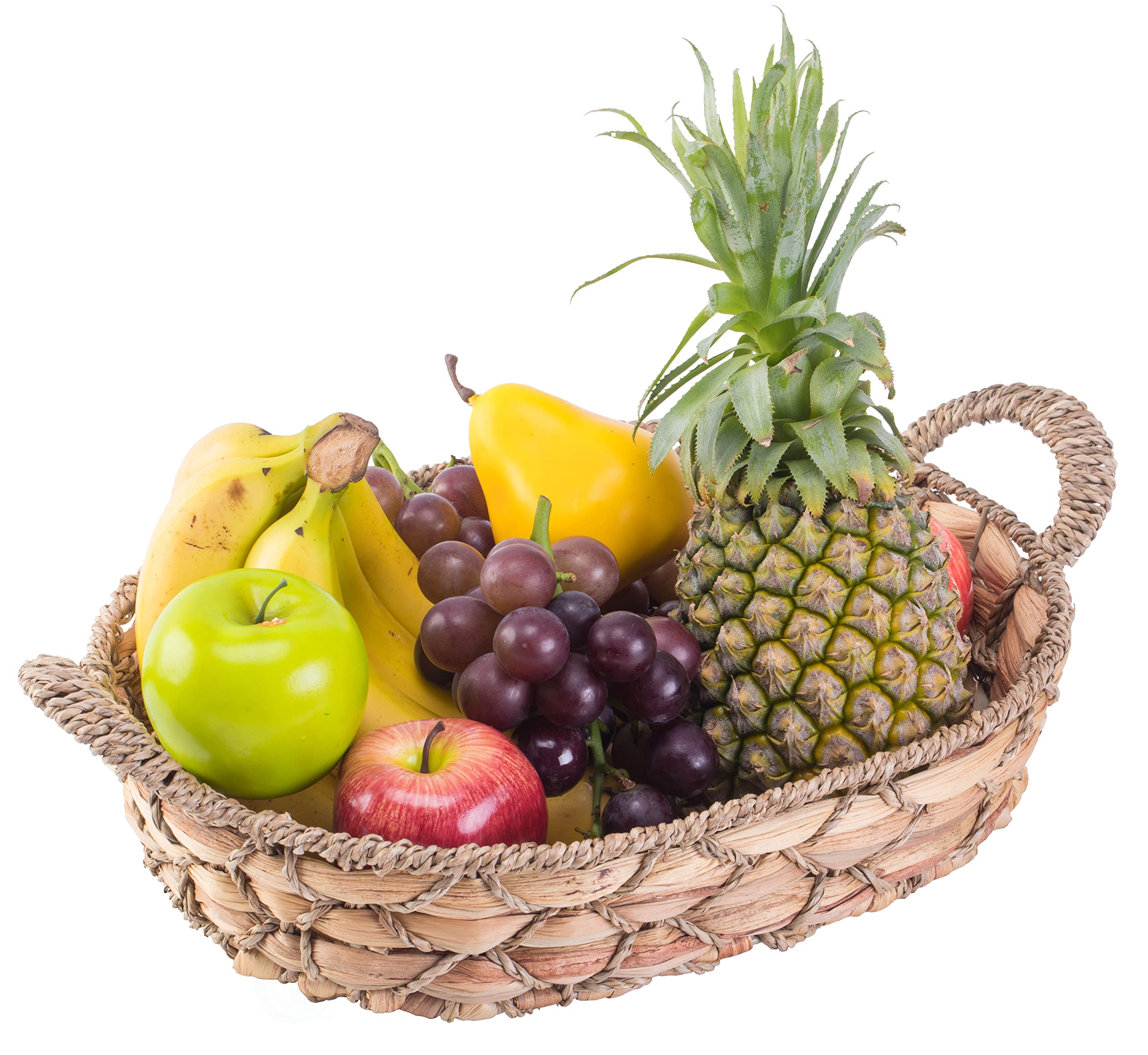 Vintage Seagrass Fruit Bread Basket Tray with Handles - Medium Brown Natural Woven Storage Basket for Kitchen, Dining Table, Picnic & Home Decor