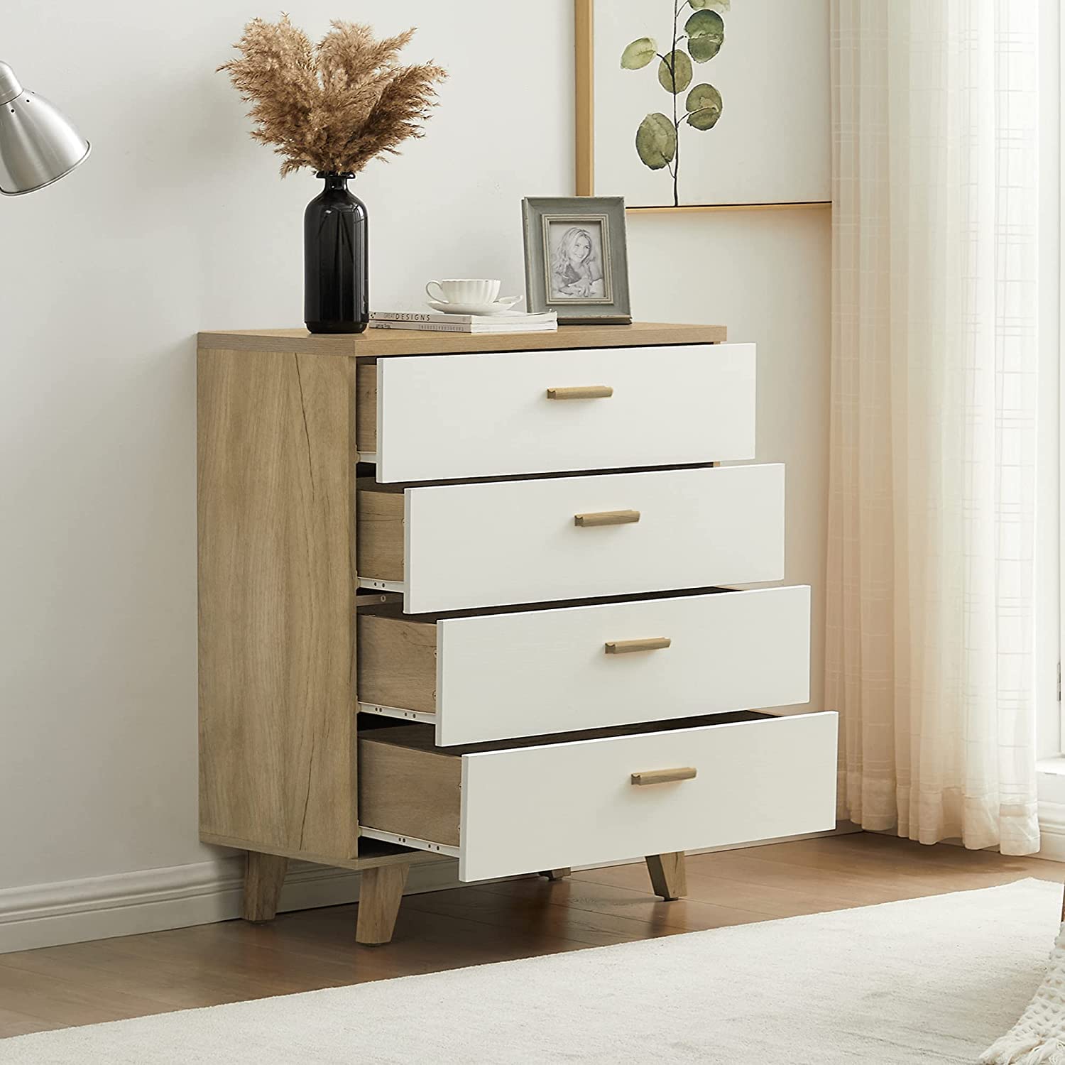 Modern White & Brown 4-Drawer Wooden Dresser - Solid Wood Legs Storage Cabinet for Bedroom, Living Room, Nursery & Entryway (37.8