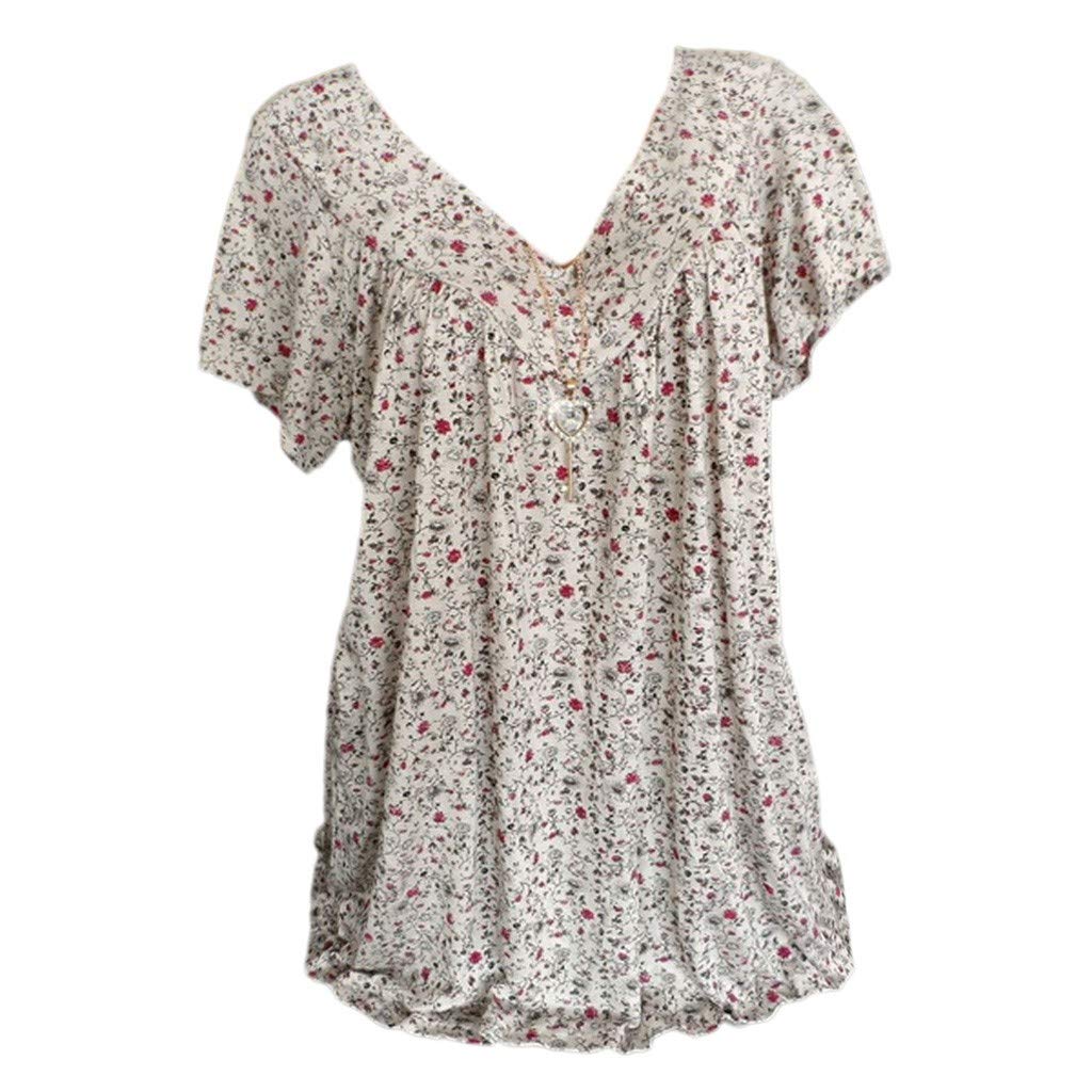 Women's Plus Size V-Neck Pullover Blouse - Short Sleeve Printed Tops & Shirts (White, XXXXL) for Casual Wear, Office Outfits & Summer Fashion