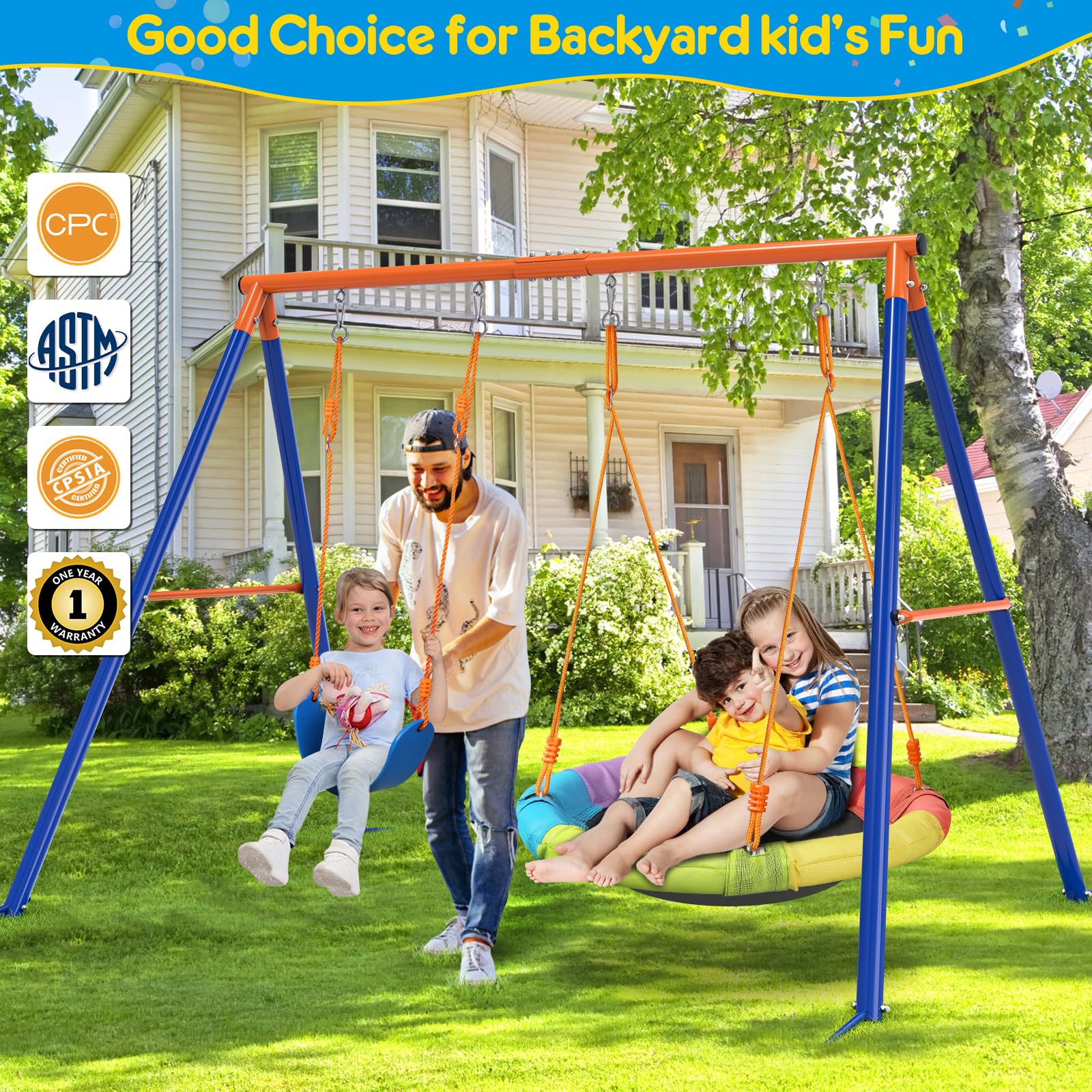 **GIKPAL Heavy Duty Metal A-Frame Swing Set with Stand for Kids – Outdoor Backyard Playset with 32