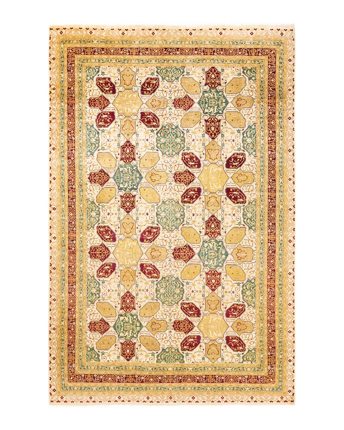 Handmade Traditional Oriental Mogul Ivory Wool Area Rug 6x9 - Unique Hand-Knotted Solo Rugs for Living Room, Bedroom & Home Decor