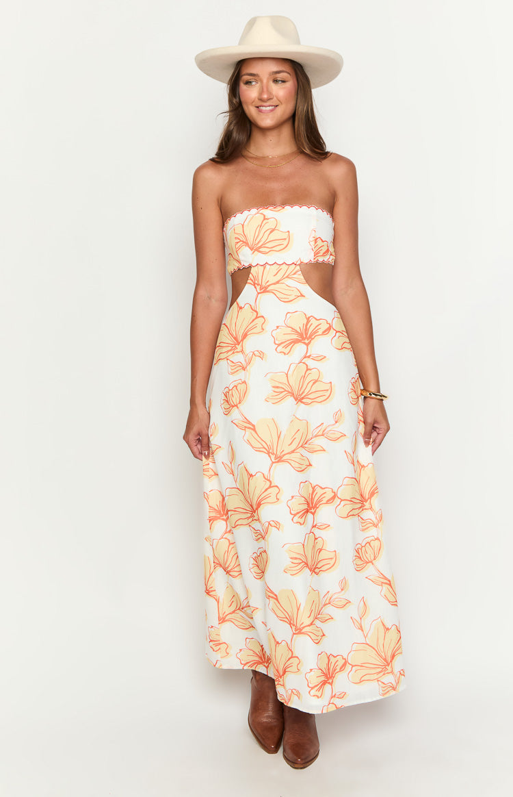 Coen Orange Floral Strapless Maxi Dress - Women's Summer Beach Wedding Party Gown - Perfect for Vacations, Date Nights & Special Occasions