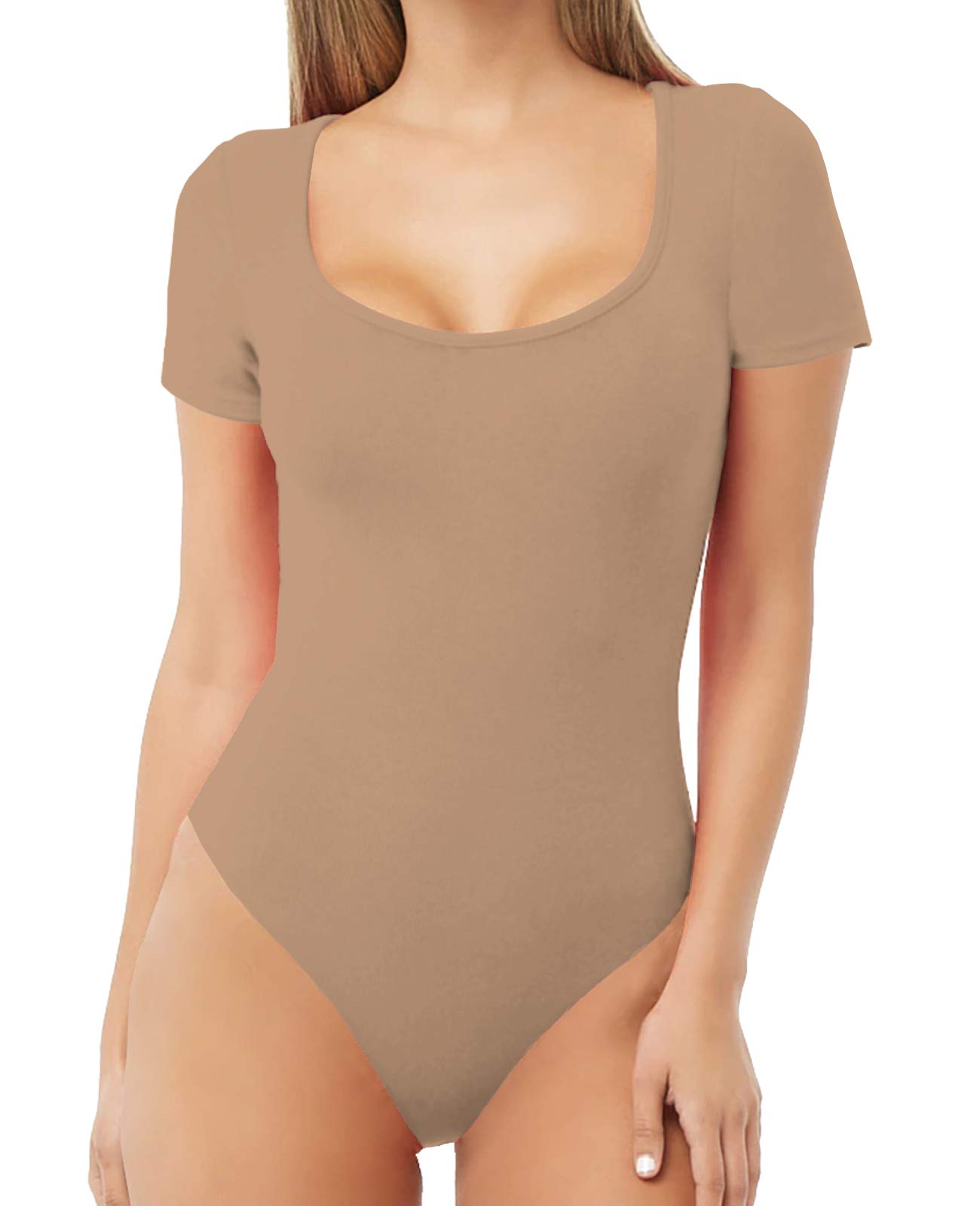 MANGDIUP Women's Scoop Neck T-Shirts - Basic Stretchy Bodysuits & Jumpsuits for Casual Wear, Layering, and Everyday Outfits