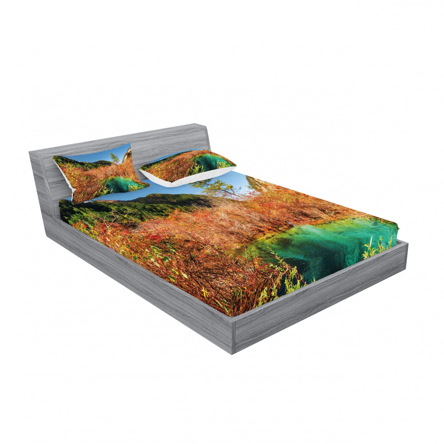 Ambesonne 4-Piece Queen Size Bedding Set - 2 Fitted Sheets & 4 Pillow Shams, Autumn Leaf Pattern in Green Amber, Soft Jersey Knit Fabric for Comfortable Sleep | Perfect for Guest Rooms, Seasonal Decor, and Cozy Fall Bedroom Makeovers