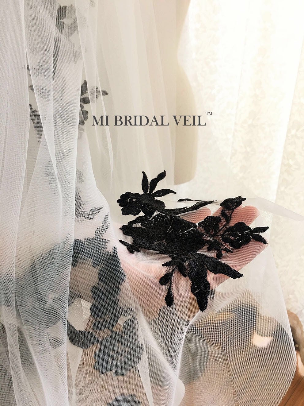 Elegant Black Embroidered Lace Chapel Wedding Veil - Vintage Inspired Bridal Veil for Romantic Weddings, Church Ceremonies & Photo Shoots