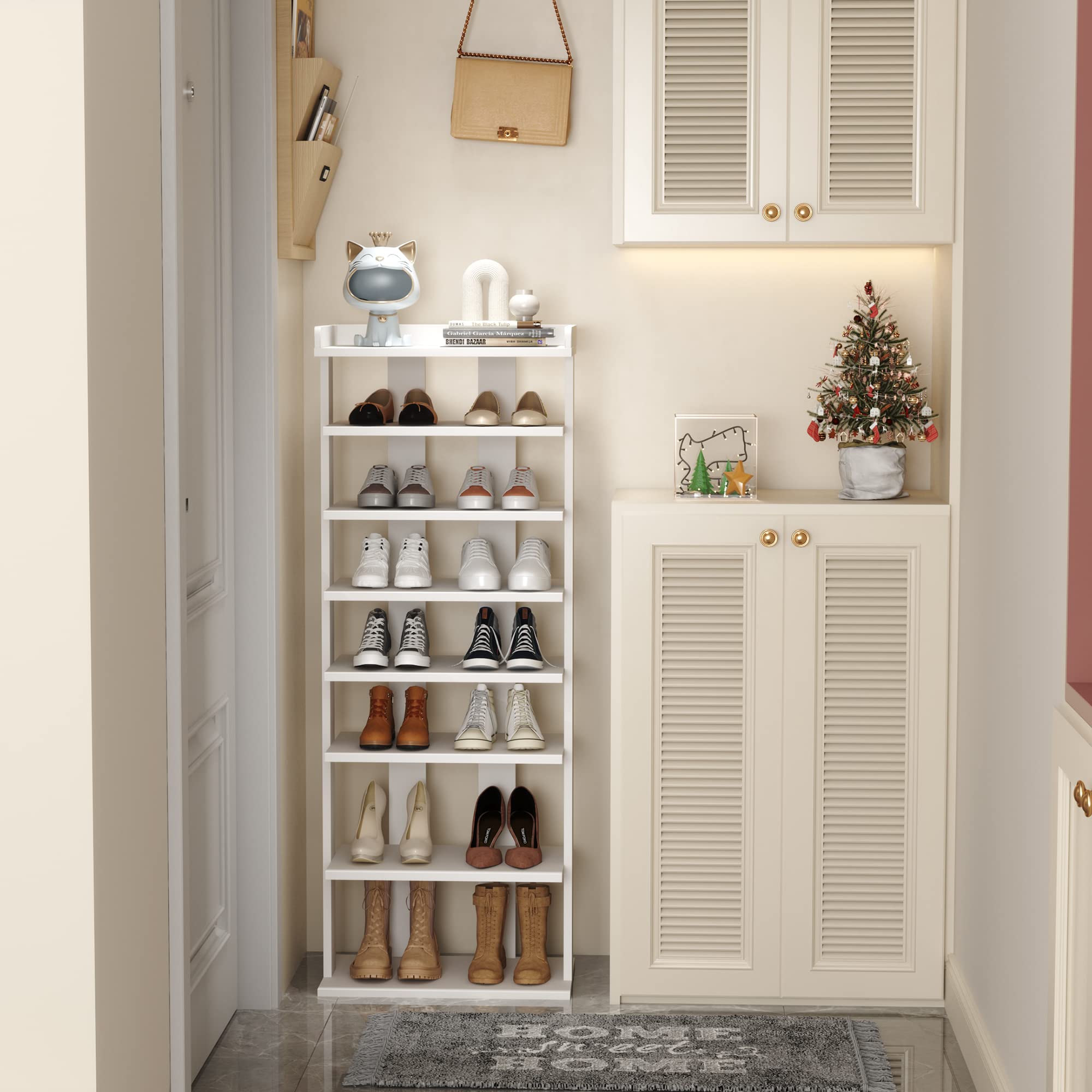 HOMEFORT 7-Tier Wooden Shoe Rack Organizer - Double Row Shoe Storage Shelf for Entryway, Closet & Bedroom - Space Saving Vertical Shoe Tower for Narrow Spaces - Perfect for Hallway, Mudroom & Apartment Organization (White)