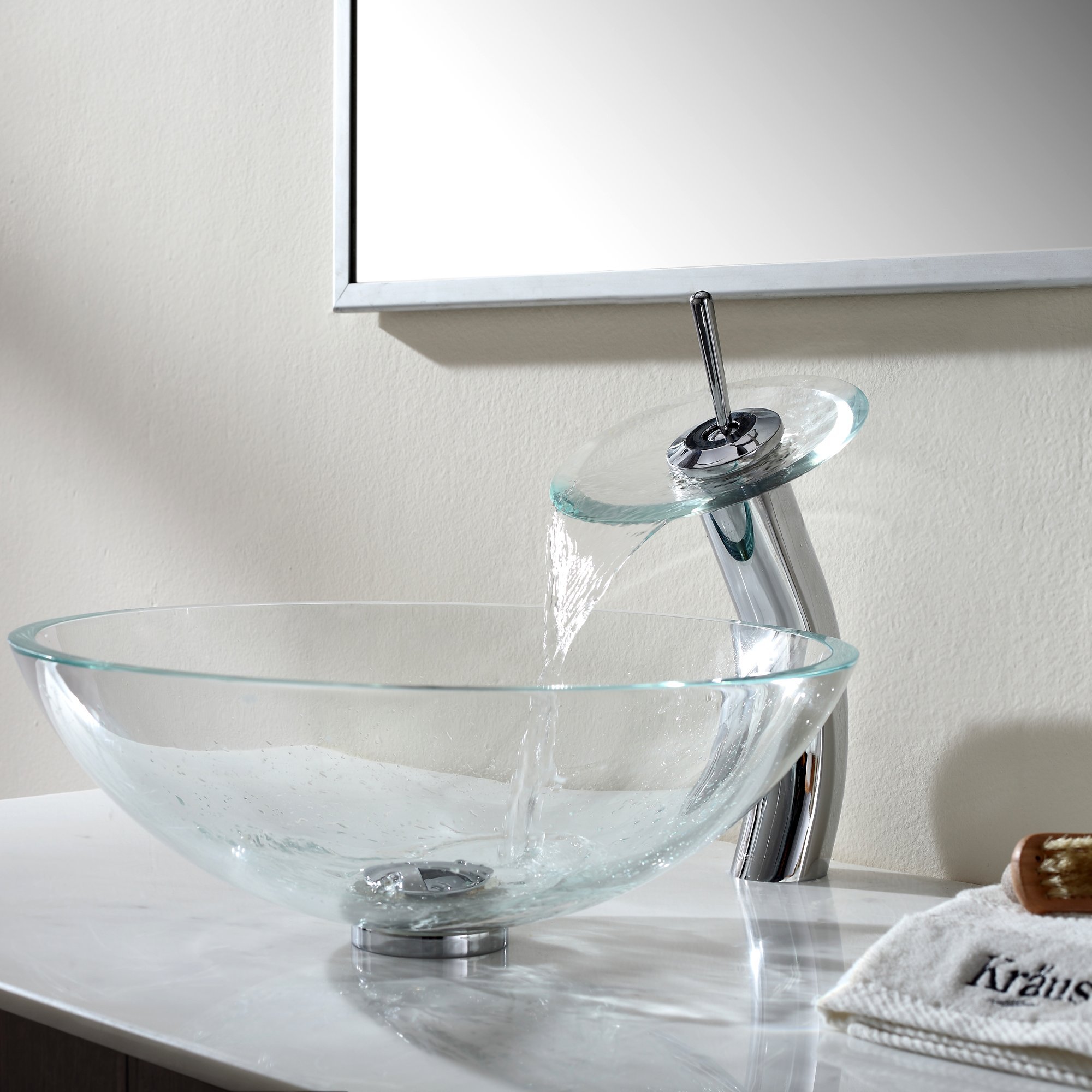 Kraus GV-100-CH Crystal Clear Glass Vessel Bathroom Sink with Chrome PU-MR Finish - Modern Vanity Basin for Contemporary Bathroom Decor