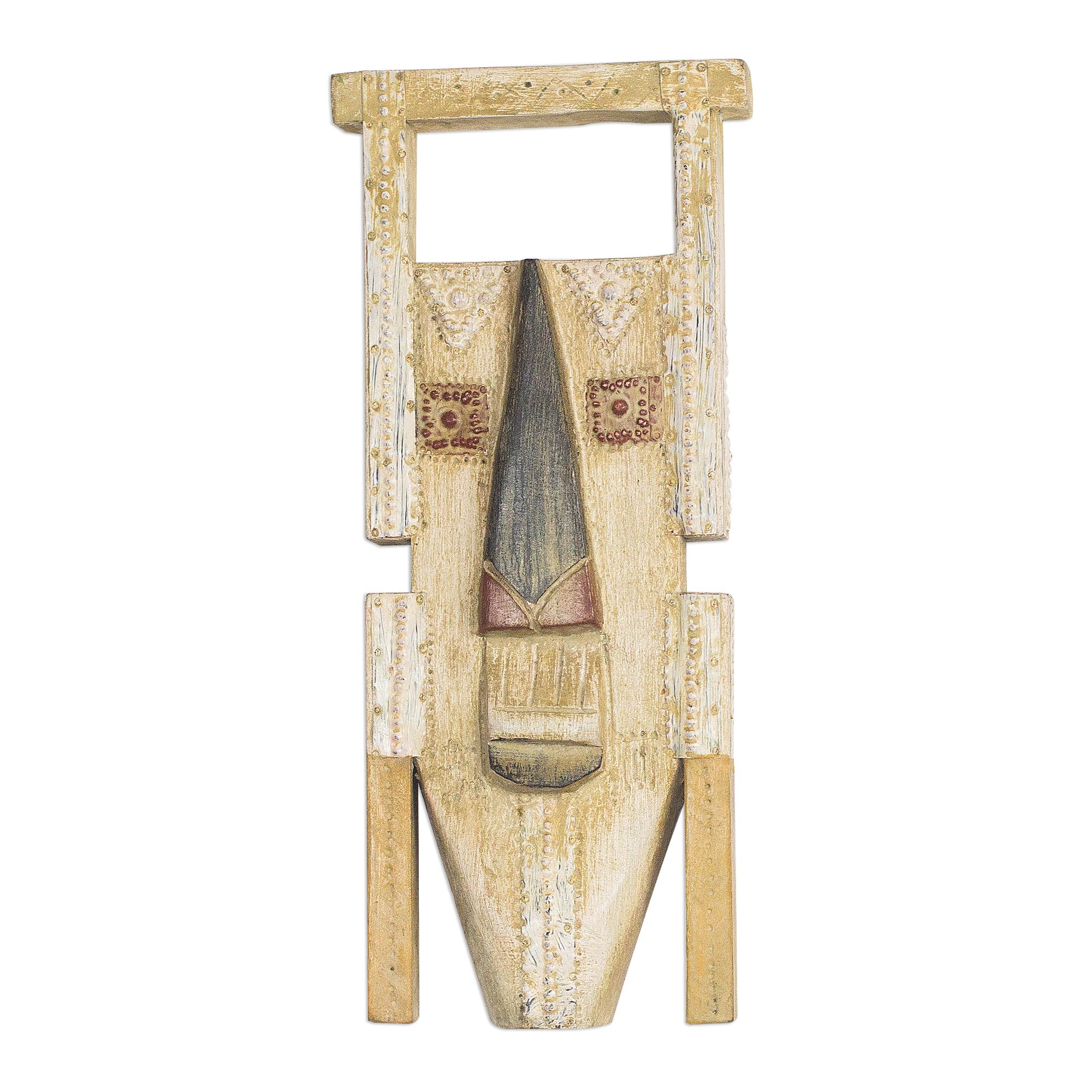 Authentic Handmade African Wood Mask from Ghana - Rustic Beige Tribal Wall Art 'Anuonyam' (14.75