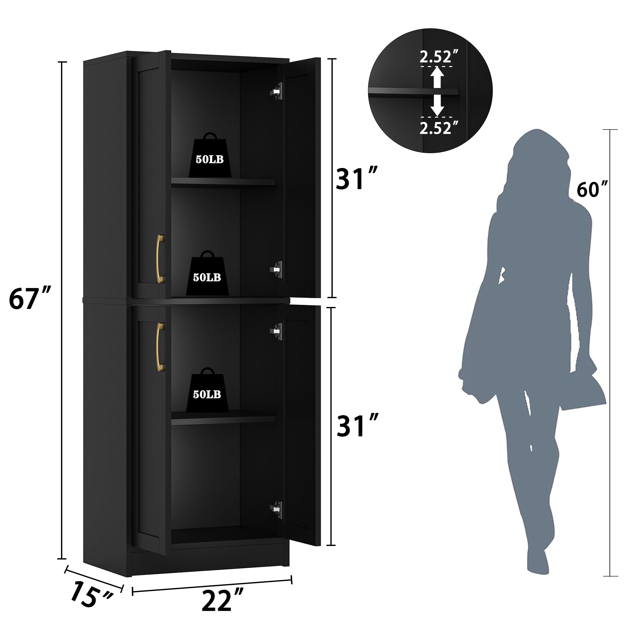 4-Door Adjustable Shelf Kitchen Pantry Cabinet - Freestanding Tall Black Storage Cupboard for Dining Room, Living Room, Laundry & Bathroom | Perfect for Home Organization, Spice Storage & Household Supplies