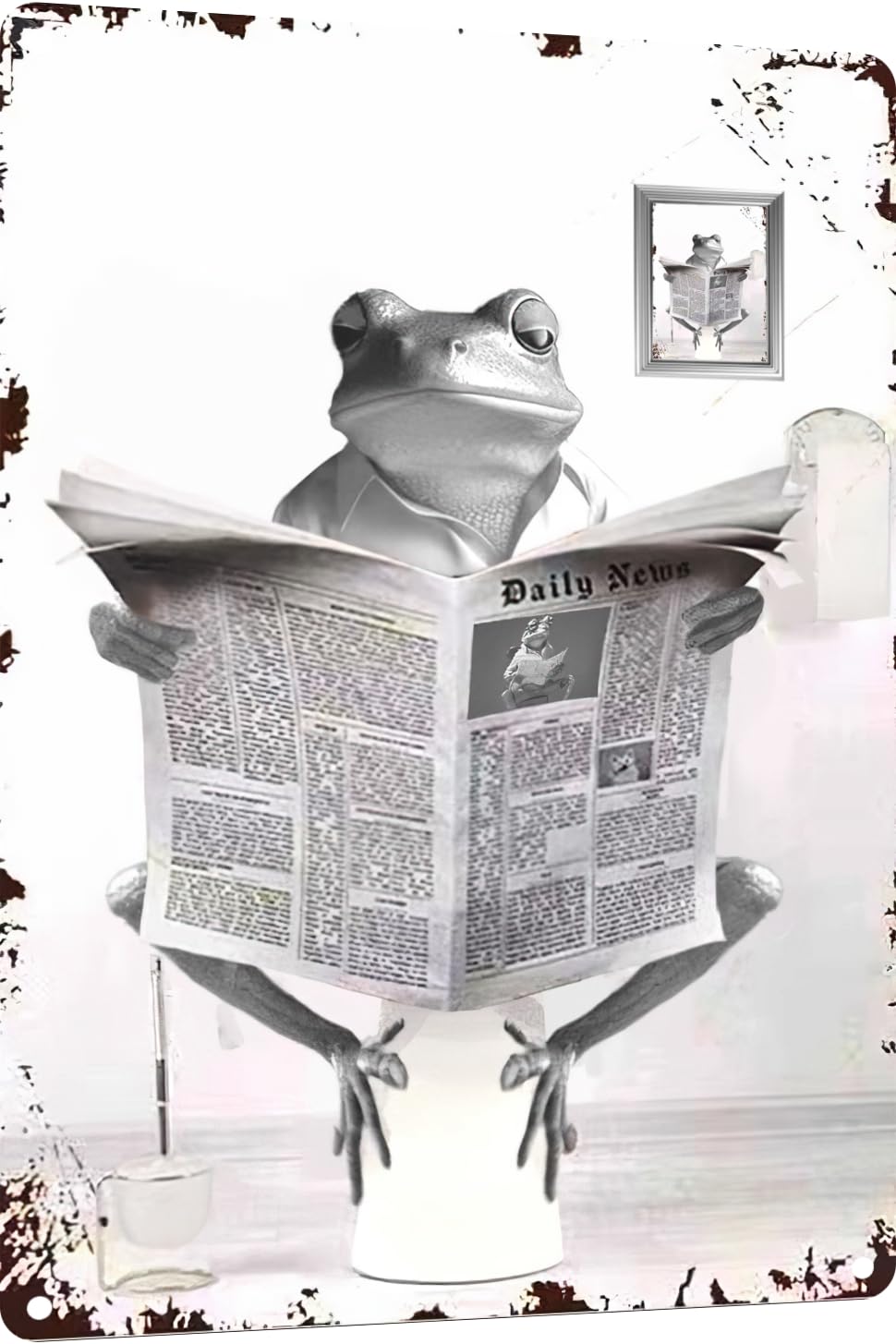 Vintage Frog Reading Newspaper Metal Tin Sign - Funny Animal Humor Bathroom Wall Decor 12x8 Inches - Perfect for Toilet, Home & Office Whimsical Decor