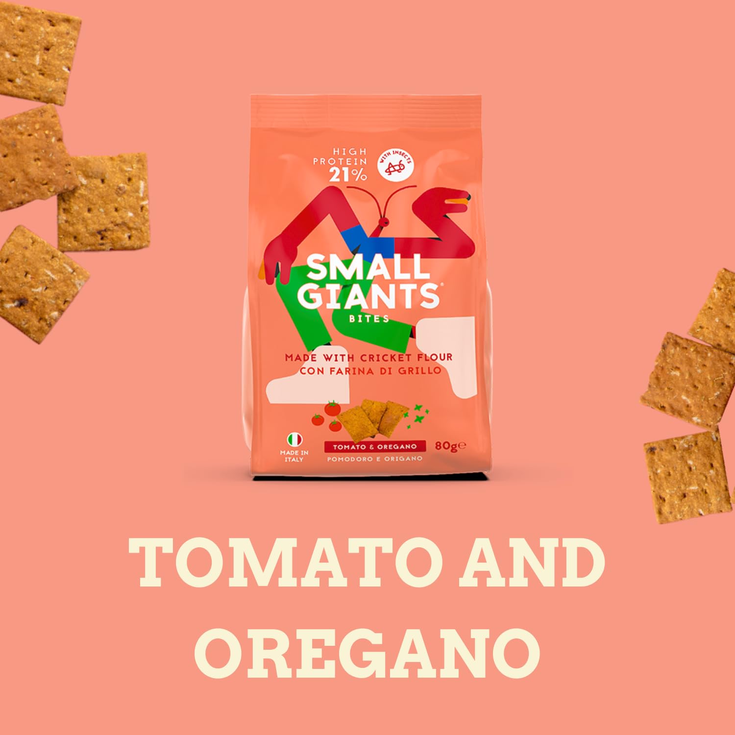 SMALL GIANTS® | Crackers Proteici con Farina di Grillo - Pomodoro & Origano | High Protein, Vit.B12, Omega3, Proteine Sostenibili, Senza Zuccheri Aggiunti | Snack Sano per Fitness e Dieta