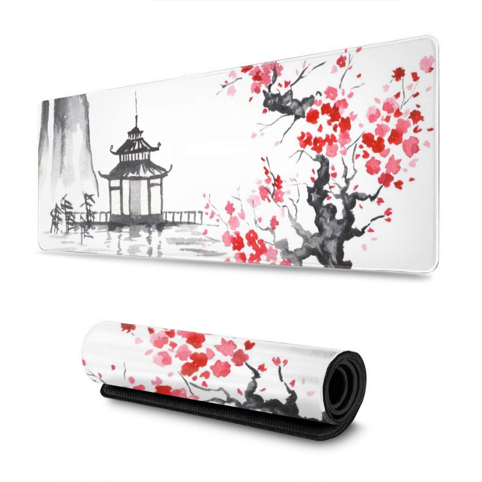 Large Gaming Mouse Pad XL - Japanese Cherry Blossom Design Extended Desk Mat with Stitched Edges (80x30cm) for PC, Laptop & Office Work | Non-Slip Base for Smooth Mouse Movement