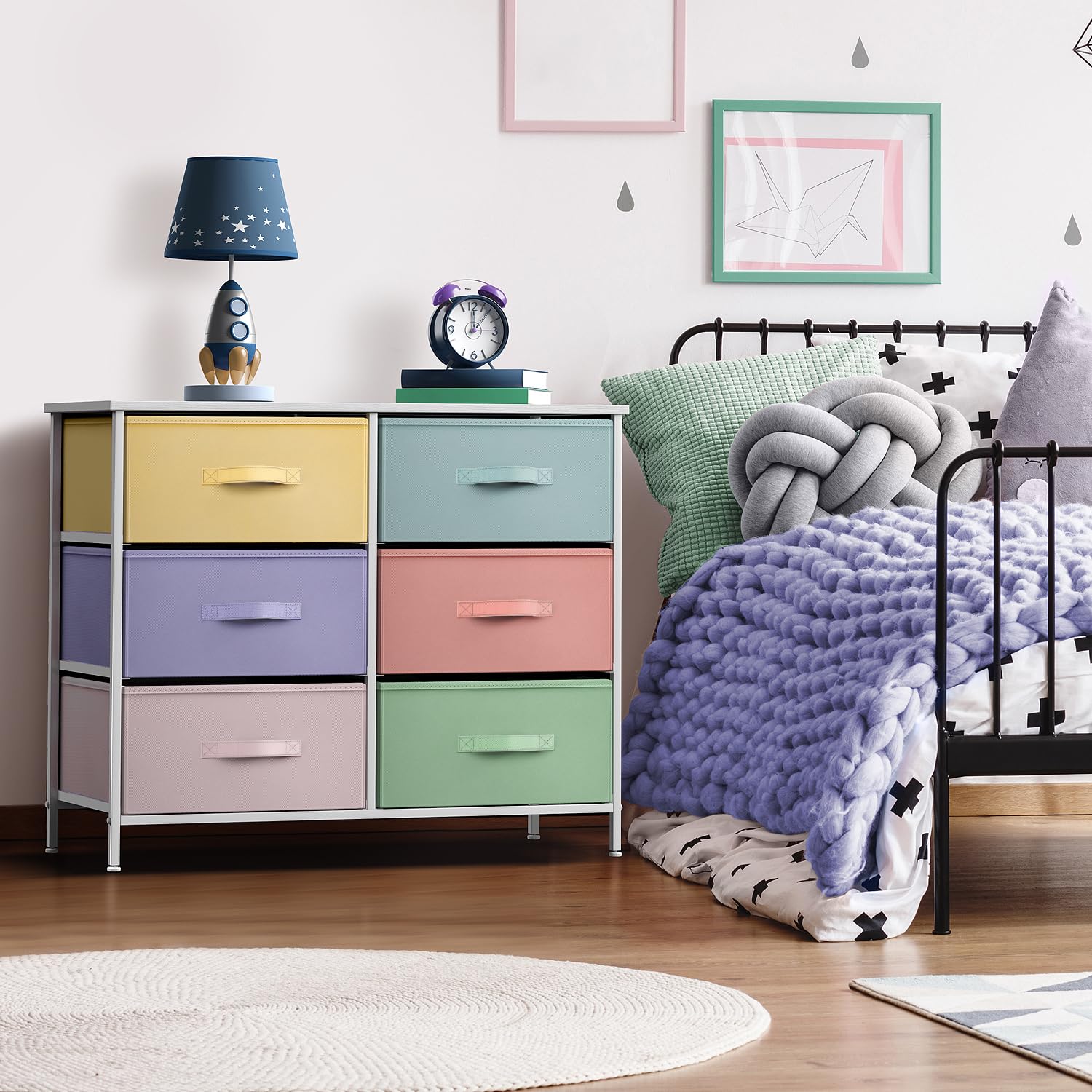 Sorbus 6-Drawer Dresser Organizer - Sturdy Steel Frame & Wood Top Storage Tower with Easy Pull Fabric Bins | Perfect for Bedroom, Hallway, Closet & Office Organization (Pastel/White) | Ideal for Small Space Storage & Home Decor