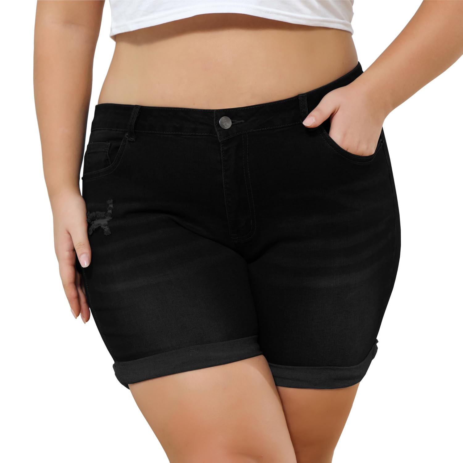 Plus Size Women's Ripped Denim Jean Shorts - High Waisted Stretchy Folded Hem Denim Shorts for Casual Wear & Summer Outfits