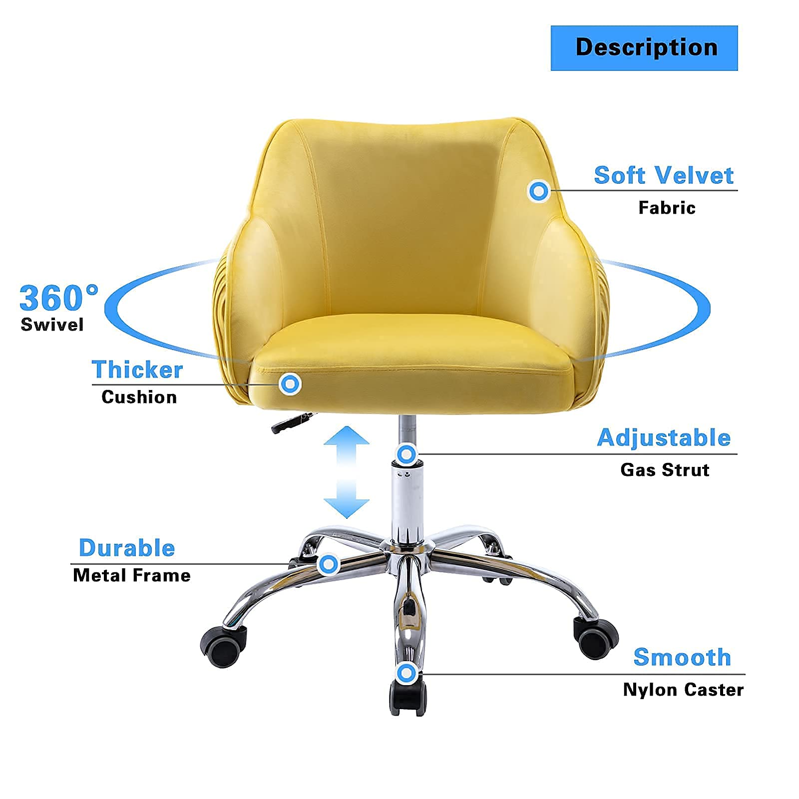 Cute Velvet Swivel Desk Chair with Wheels & Arms - Comfy Home Office Chair for Teen Girls & Kids, Perfect for Study, Makeup Vanity, Bedroom & Living Room
