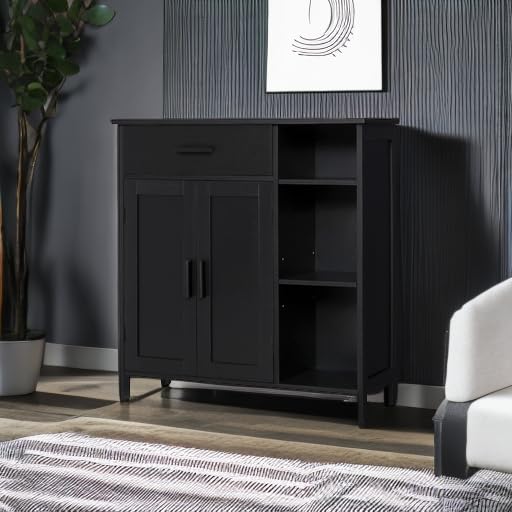 WEENFON Freestanding Storage Cabinet with Doors, Drawers & Shelves - Bathroom Organizer, Coffee Bar Cabinet for Living Room - Black (Perfect for Small Spaces & Home Organization)