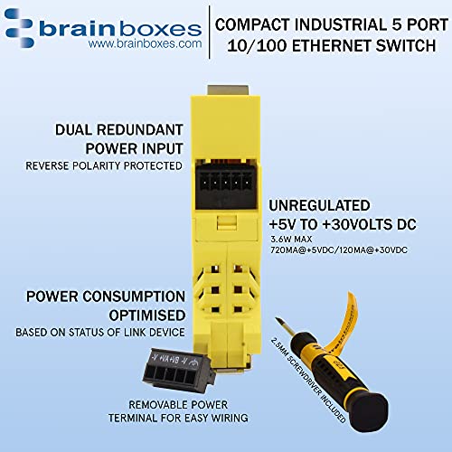 Brainboxes Industrial Compact 5-Port Ethernet Switch - DIN Rail Mountable for Factory Automation & Network Expansion
