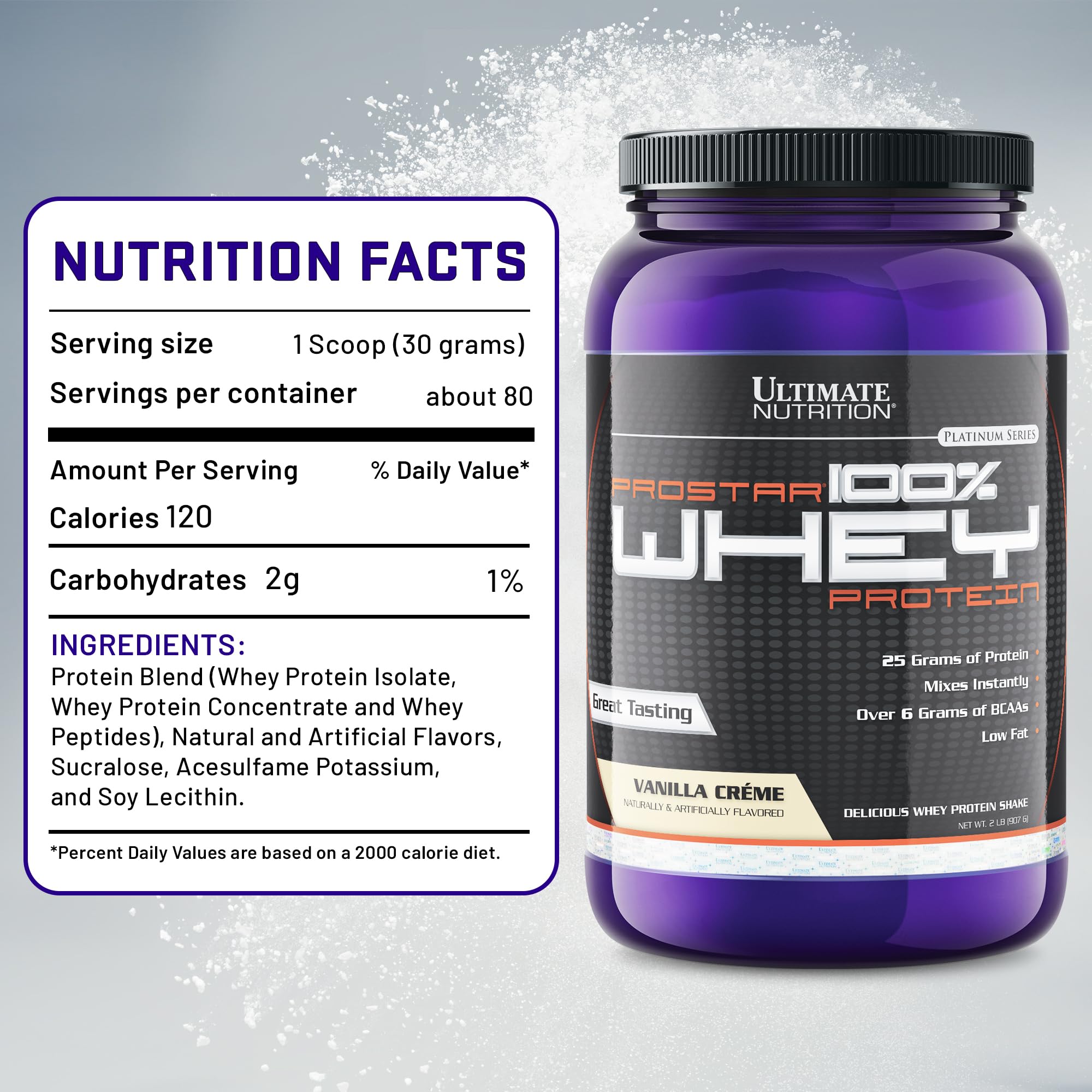 Ultimate Nutrition Prostar 100% Whey Protein Isolate Powder - Vanilla Flavor, Low Carb, High Protein for Muscle Building & Recovery - Low Sodium, Fat Free, Keto Friendly Protein Supplement - 2 Pound Tub - Perfect for Post Workout Shakes & Healthy Breakfast Smoothies