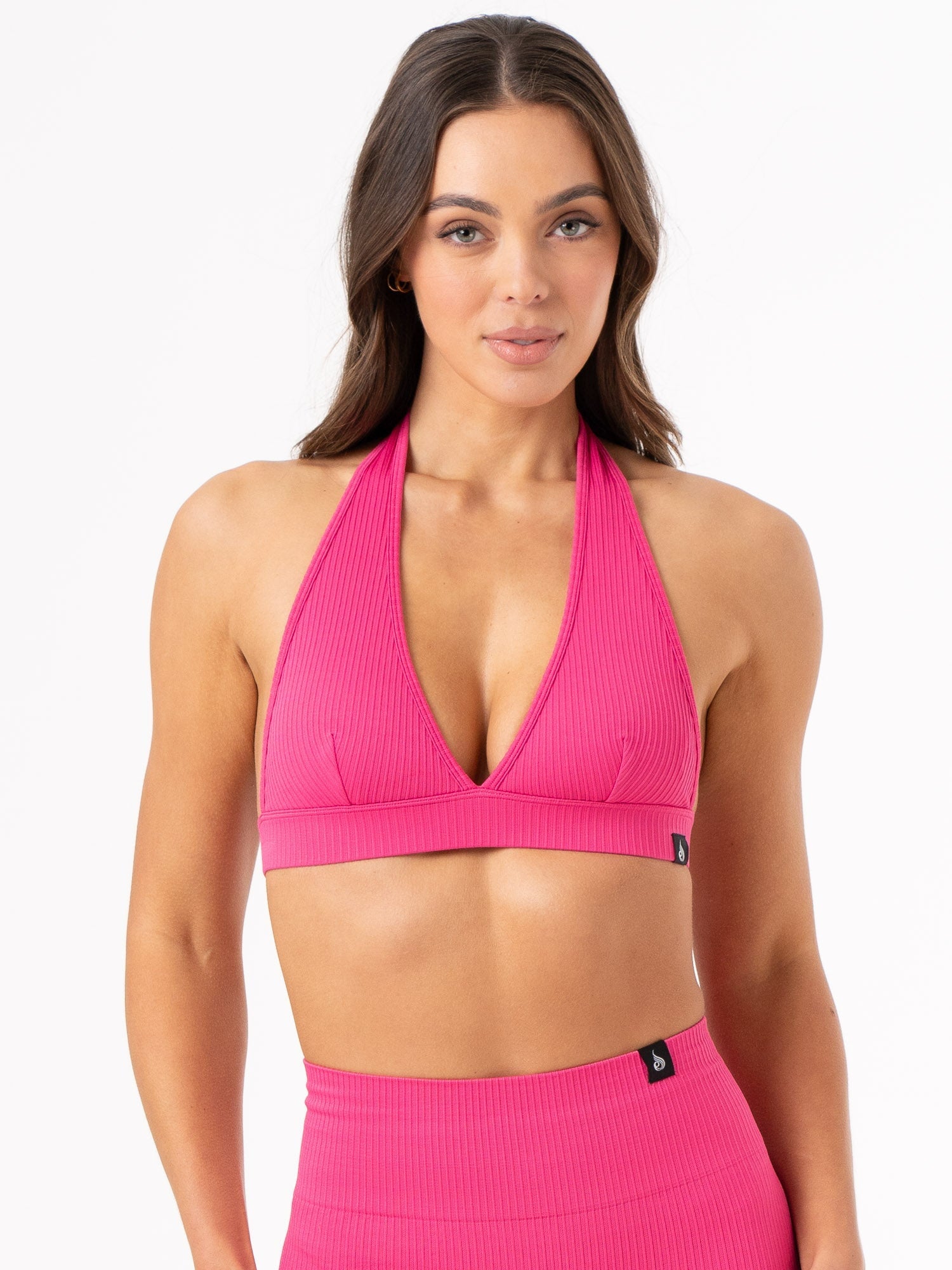 Seamless Rib Halter Sports Bra for Women - Hot Pink - High Support Workout Top for Yoga, Running & Gym