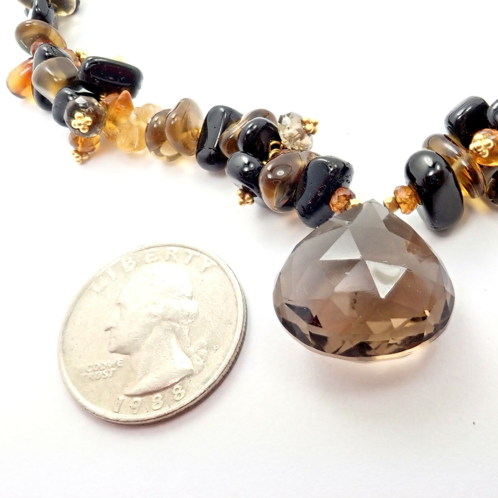 18K Yellow Gold Briolette Smokey Topaz Onyx Bead Necklace for Women - Elegant Statement Jewelry for Evening Parties & Special Occasions
