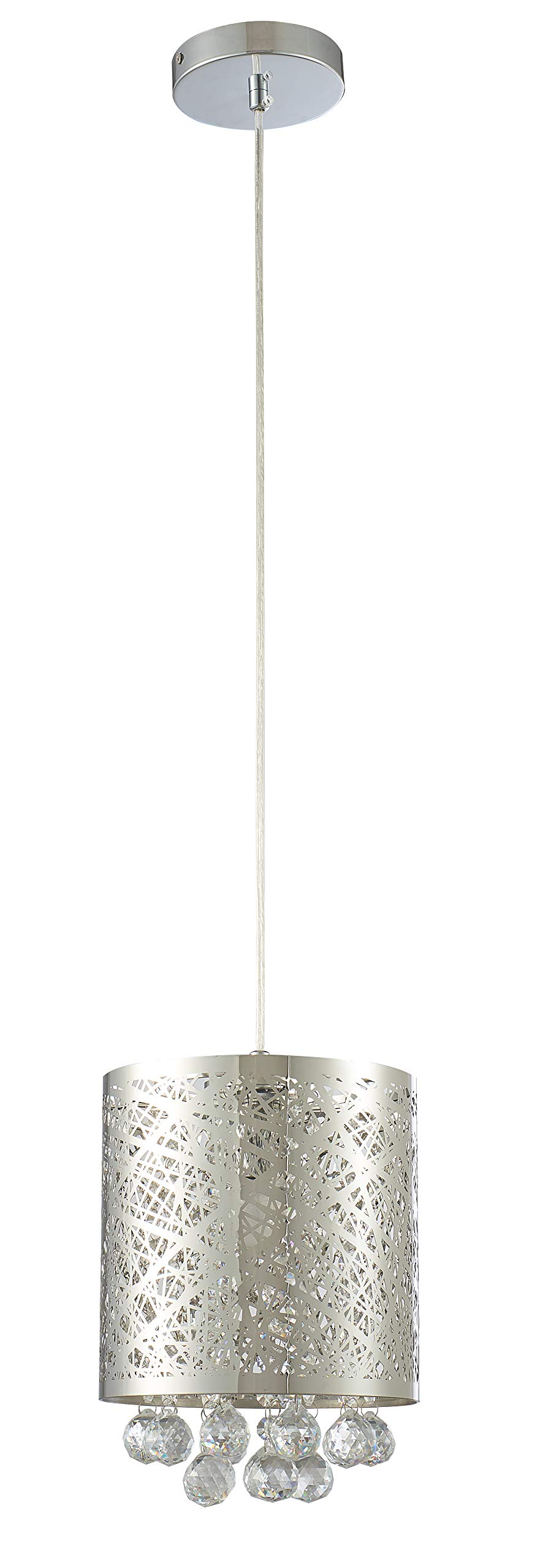 Bethel A Modern Stainless Steel Laser Cut Single Pendant Light with Clear Hanging Crystal Balls - Elegant Dining Room & Kitchen Island Lighting Fixture