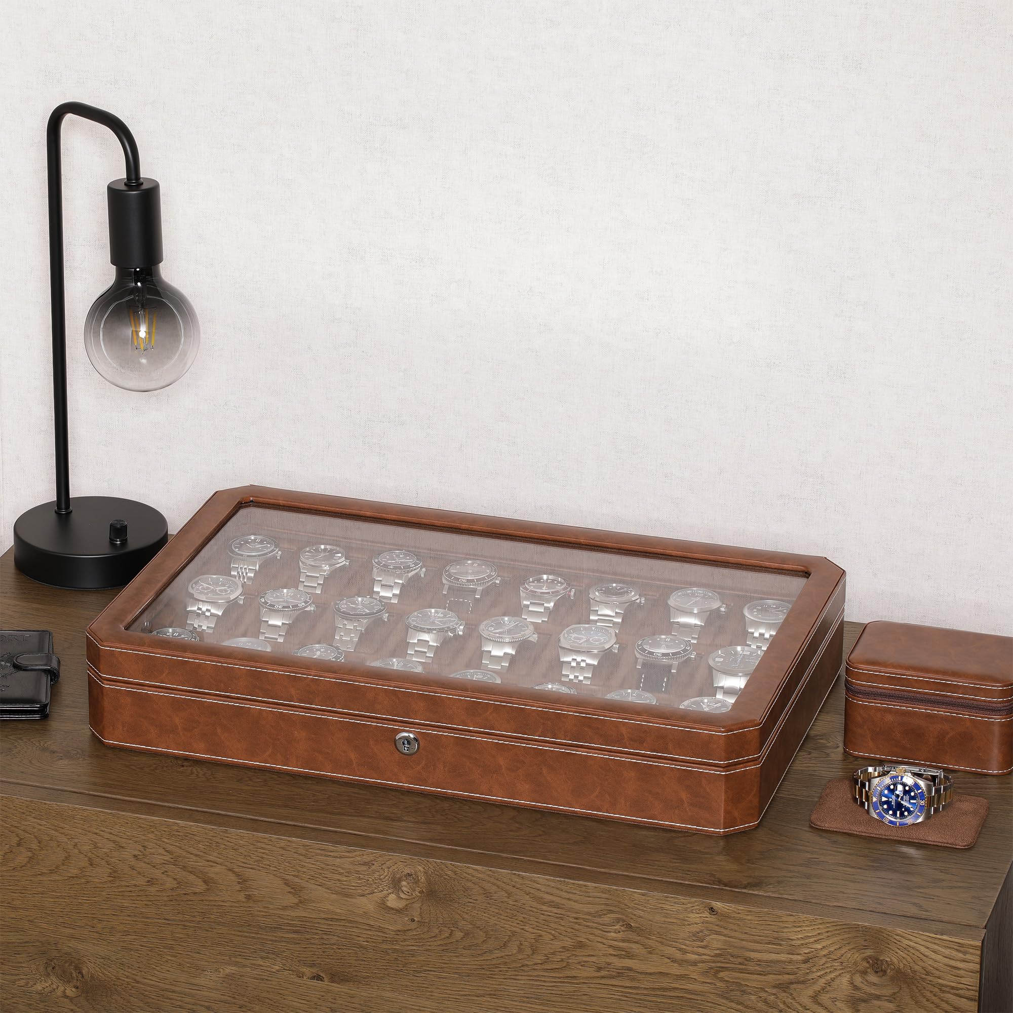 ROTHWELL 24 Slot Luxury Watch Box with Lock - Premium Leather Watch Case Organizer for Men | Real Glass Top Display | Collector's Storage for Rolex, Omega & More | Perfect for Home, Office & Travel (Tan/Brown)