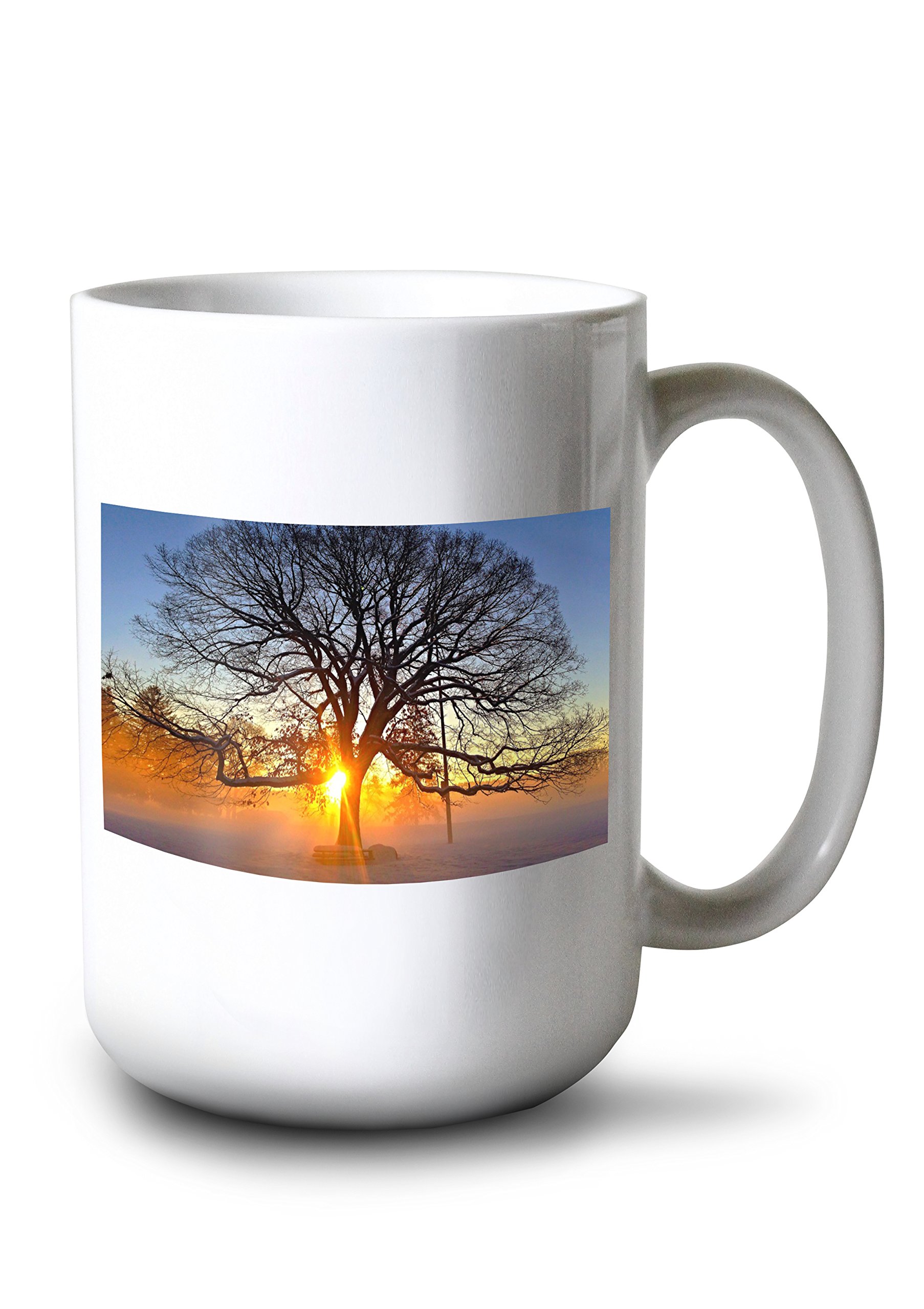 Sunrise and Foggy Maple Tree Design - 15oz White Ceramic Coffee Mug & Tea Cup | Dishwasher & Microwave Safe | Perfect for Home, Office & Gifts