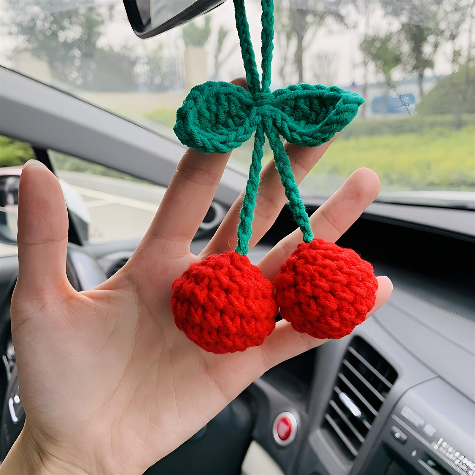 Cute Cherry Crochet Car Rear View Mirror Hanger - Hand Knitted Car Decor Accessory for Holiday Gifts & Everyday Driving Safety
