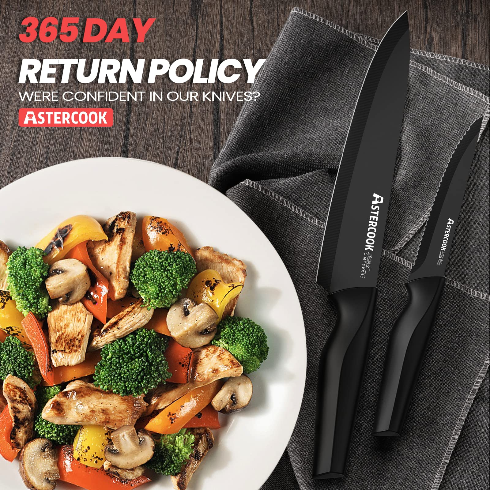 Astercook 21-Piece German Stainless Steel Knife Set with Block & Built-in Sharpener | Dishwasher Safe Kitchen Knives for Chopping, Slicing & Food Prep | Professional Chef & Home Cooking Essential