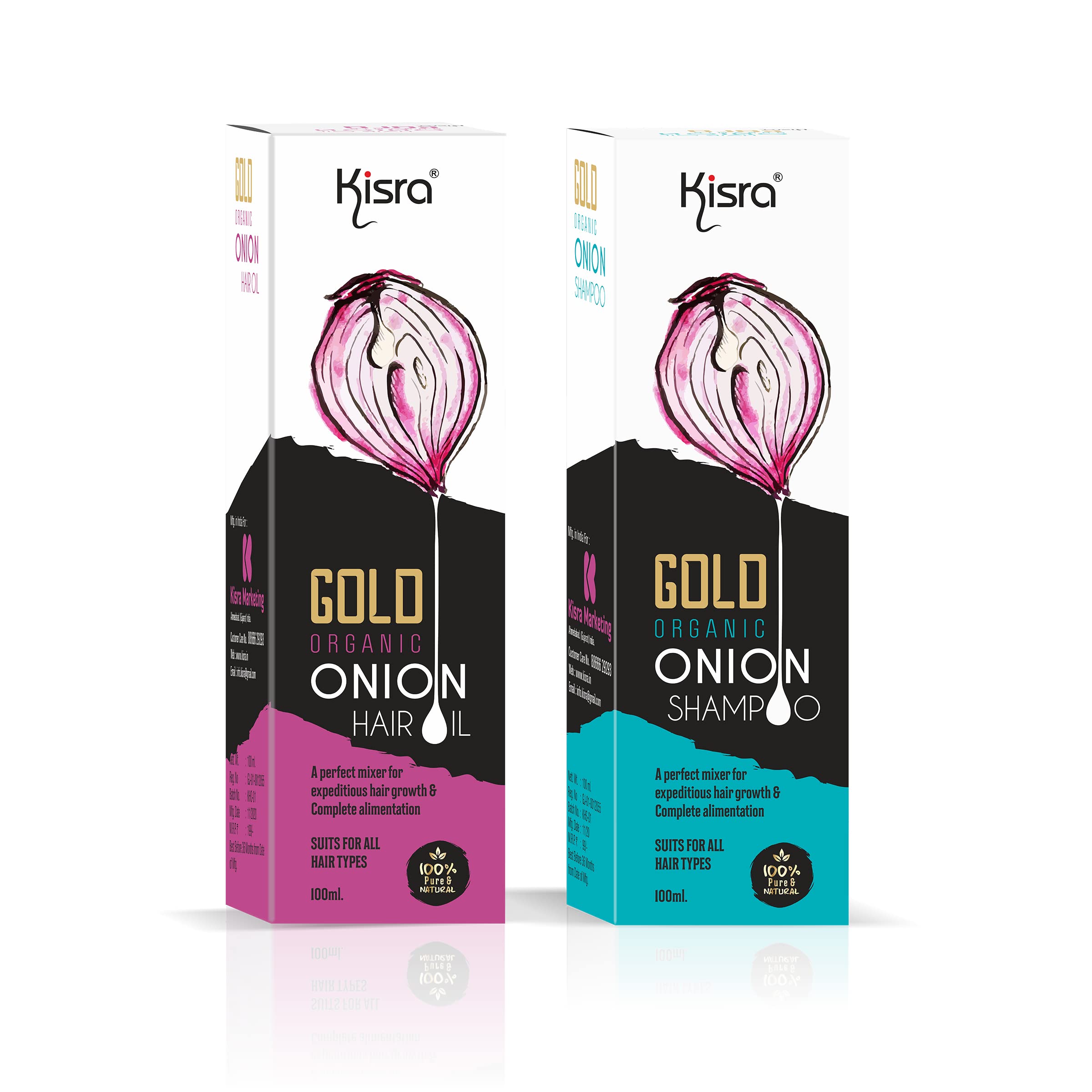 Kisra Gold Organic Onion Hair Oil & Shampoo Set - 100ml Each for Hair Growth & Scalp Care | Ultimate Hair Treatment Kit for Dry, Damaged Hair - Perfect for Daily Nourishment & Styling
